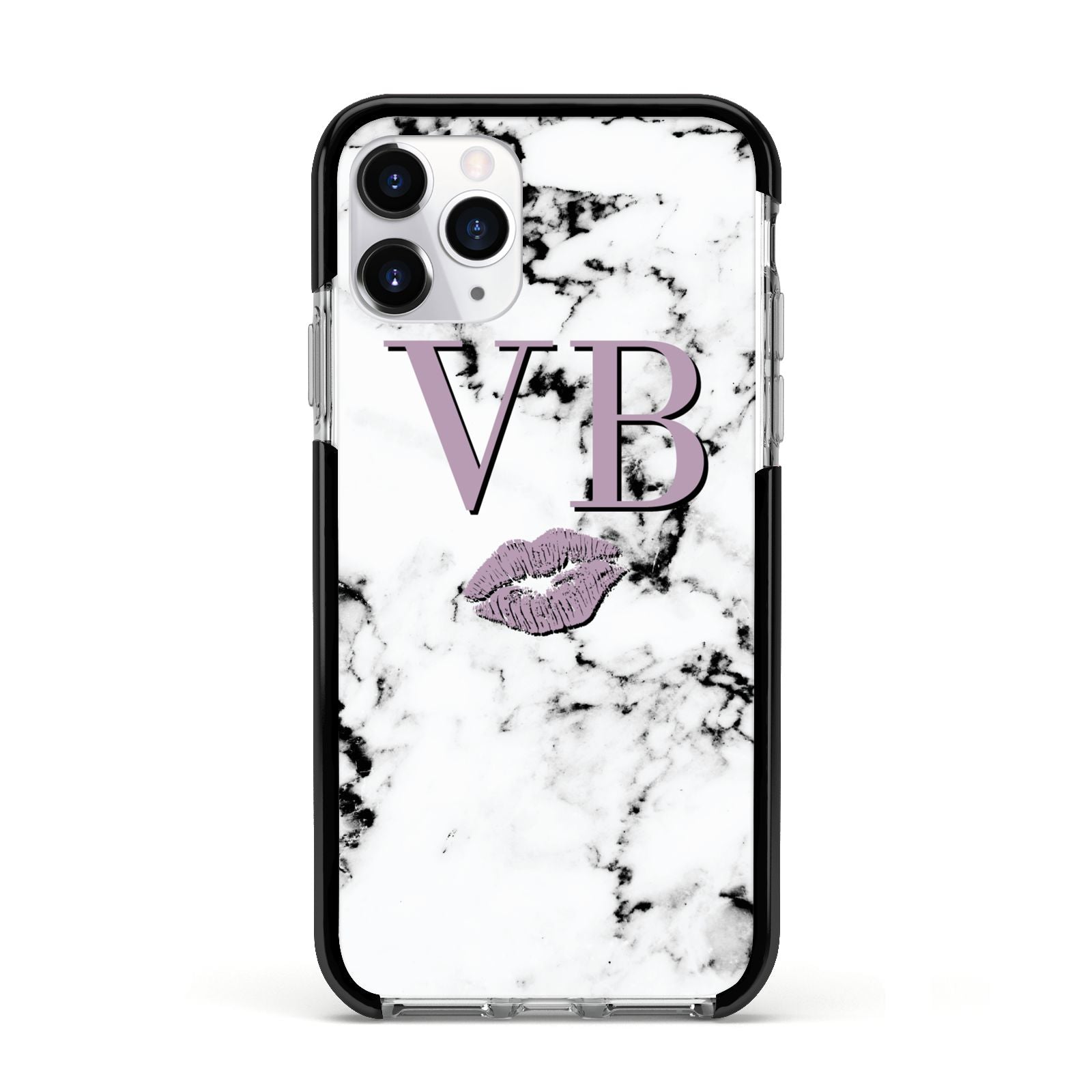 Personalised Lipstick Kiss Initials Marble Apple iPhone 11 Pro in Silver with Black Impact Case
