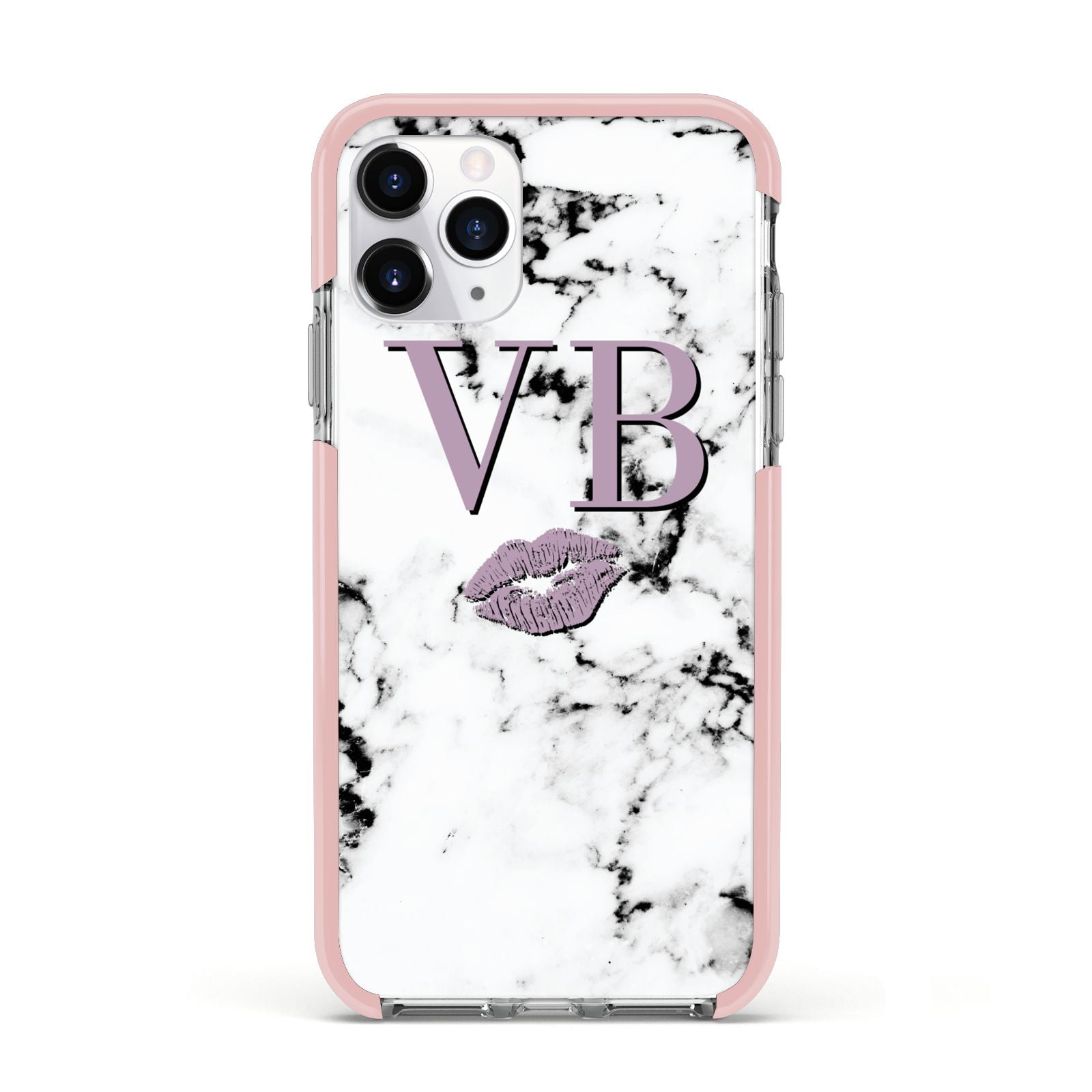 Personalised Lipstick Kiss Initials Marble Apple iPhone 11 Pro in Silver with Pink Impact Case