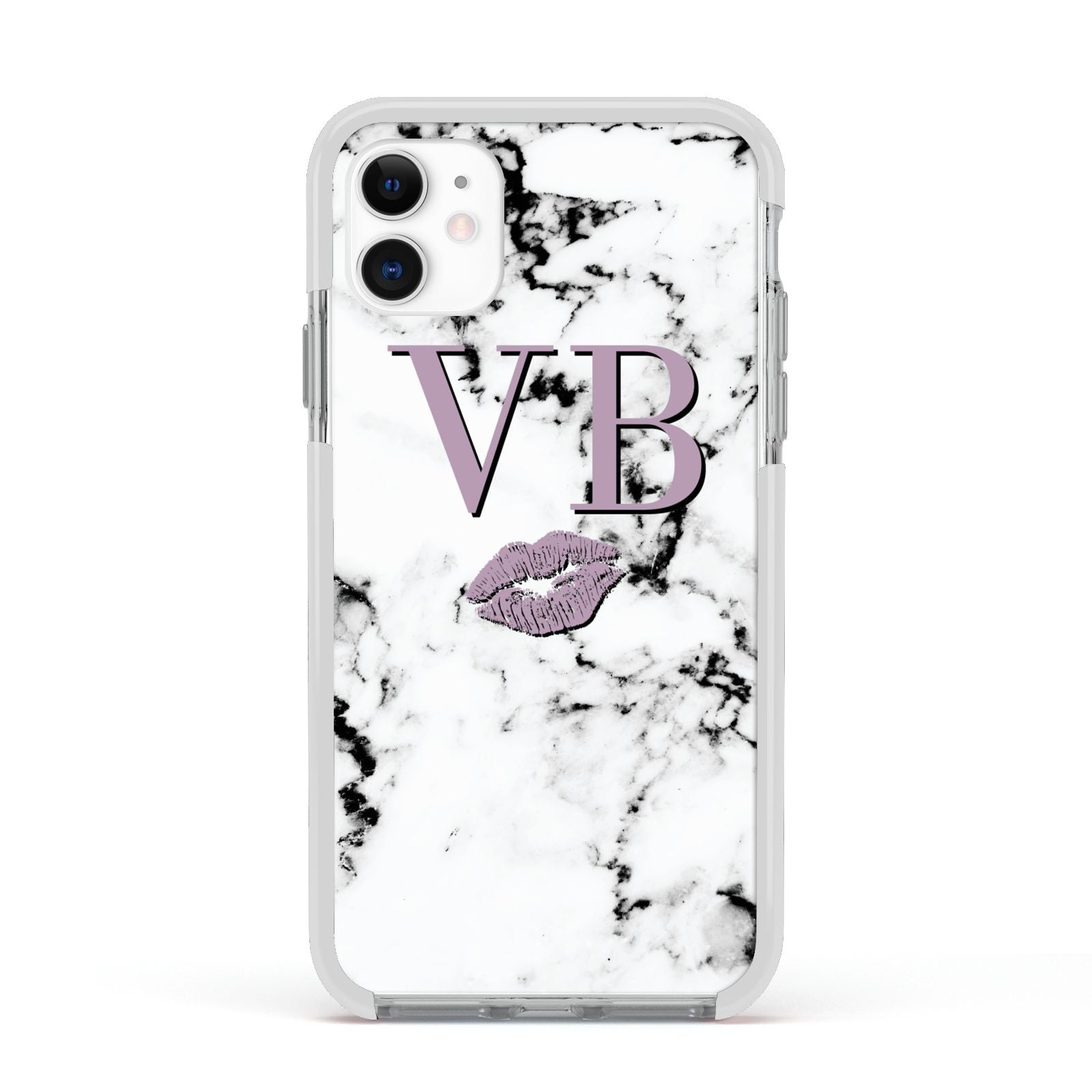 Personalised Lipstick Kiss Initials Marble Apple iPhone 11 in White with White Impact Case