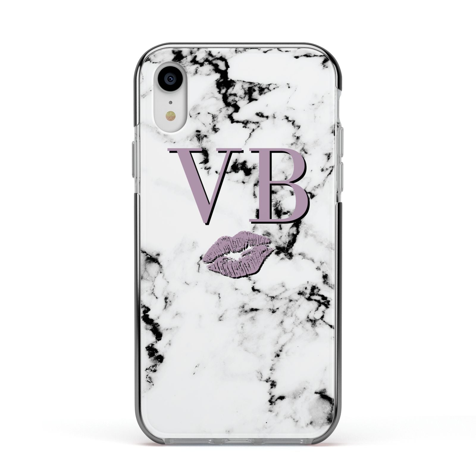 Personalised Lipstick Kiss Initials Marble Apple iPhone XR Impact Case Black Edge on Silver Phone