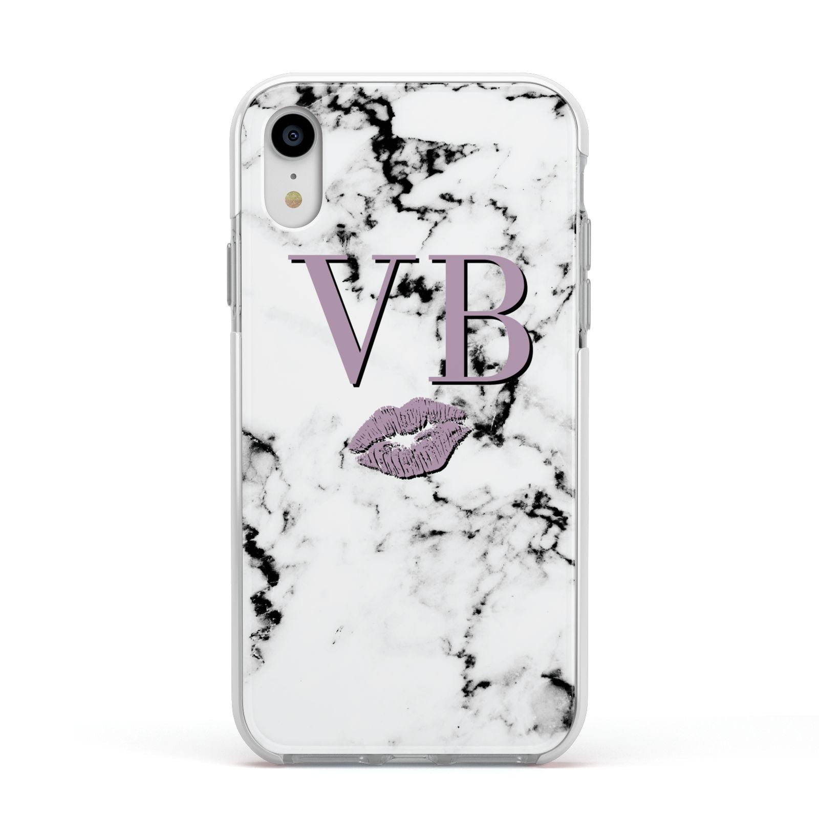 Personalised Lipstick Kiss Initials Marble Apple iPhone XR Impact Case White Edge on Silver Phone