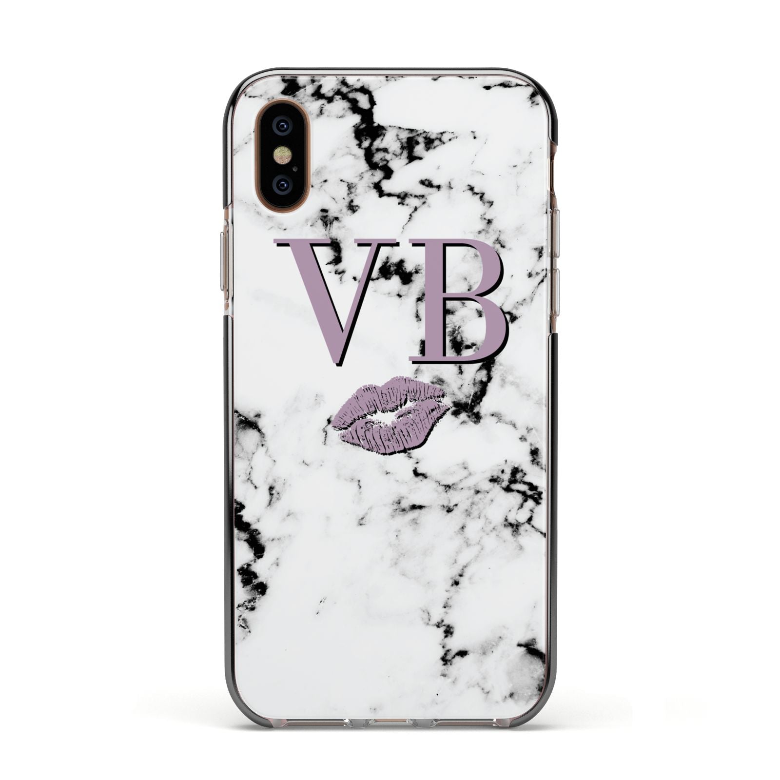 Personalised Lipstick Kiss Initials Marble Apple iPhone Xs Impact Case Black Edge on Gold Phone