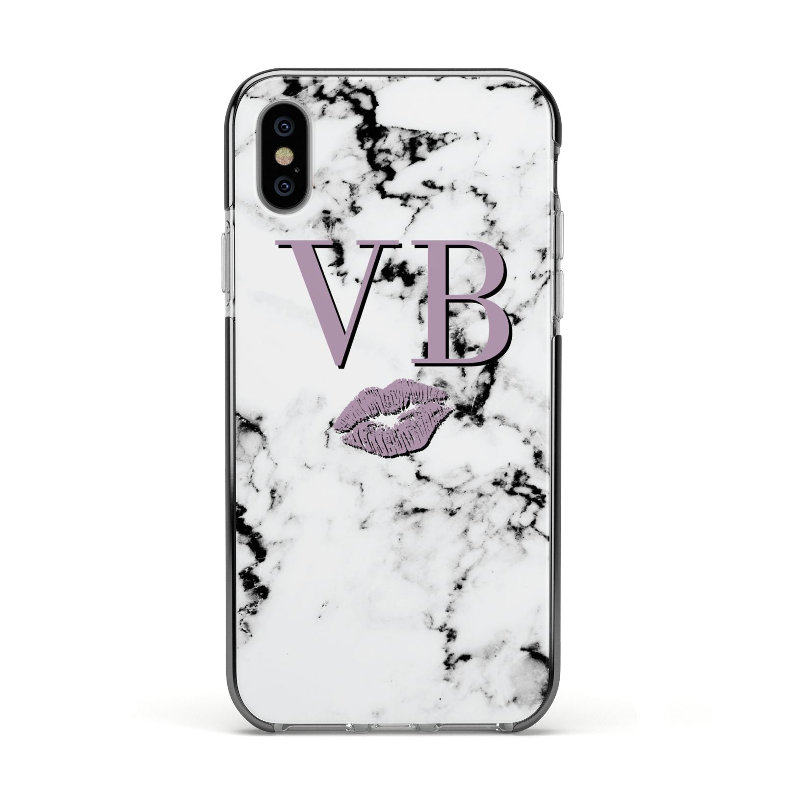 Personalised Lipstick Kiss Initials Marble Apple iPhone Xs Impact Case Black Edge on Silver Phone