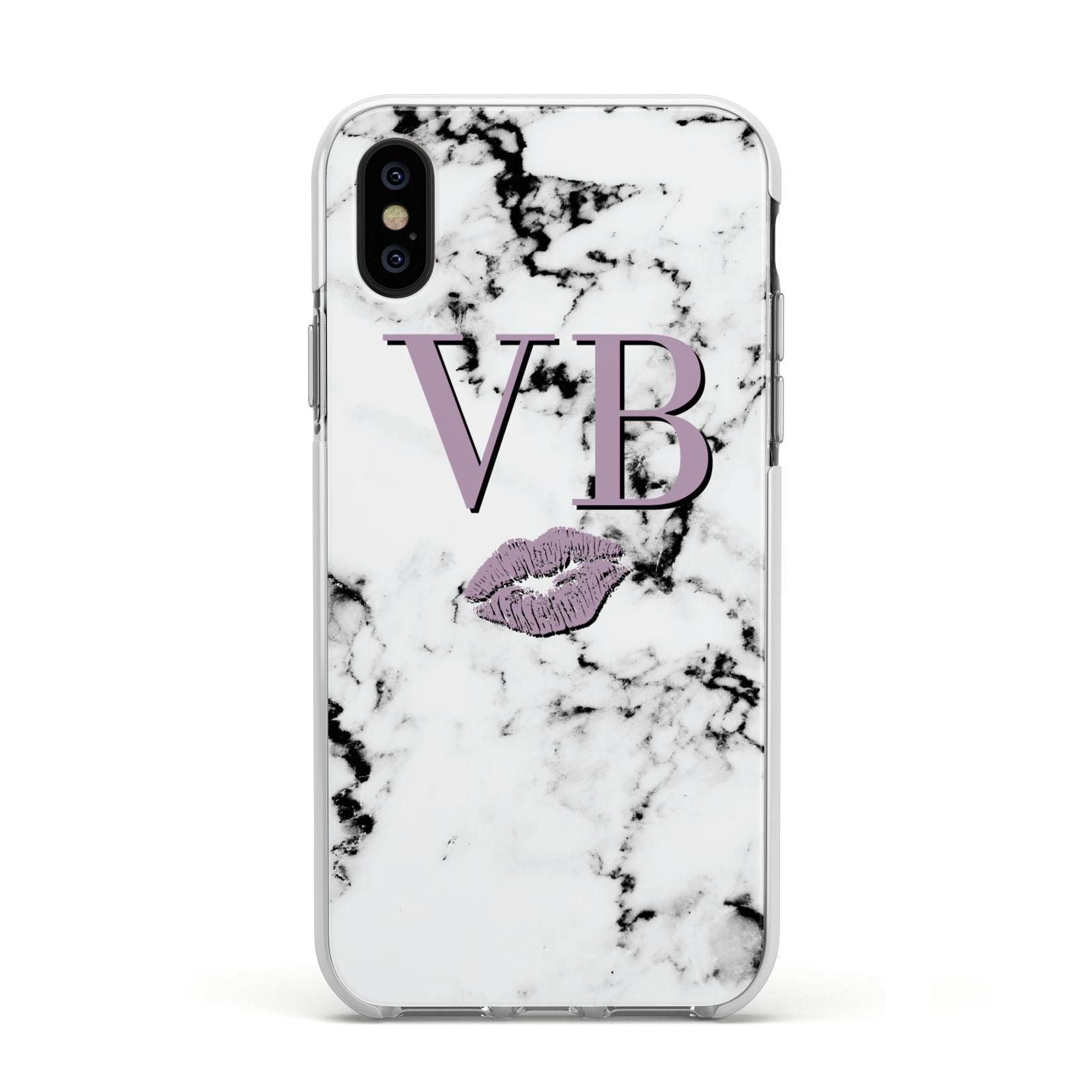 Personalised Lipstick Kiss Initials Marble Apple iPhone Xs Impact Case White Edge on Black Phone