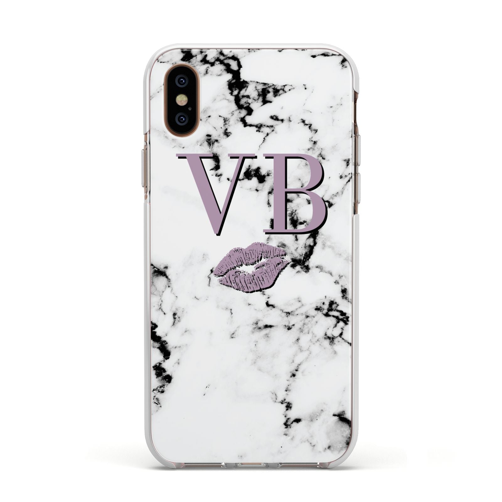 Personalised Lipstick Kiss Initials Marble Apple iPhone Xs Impact Case White Edge on Gold Phone