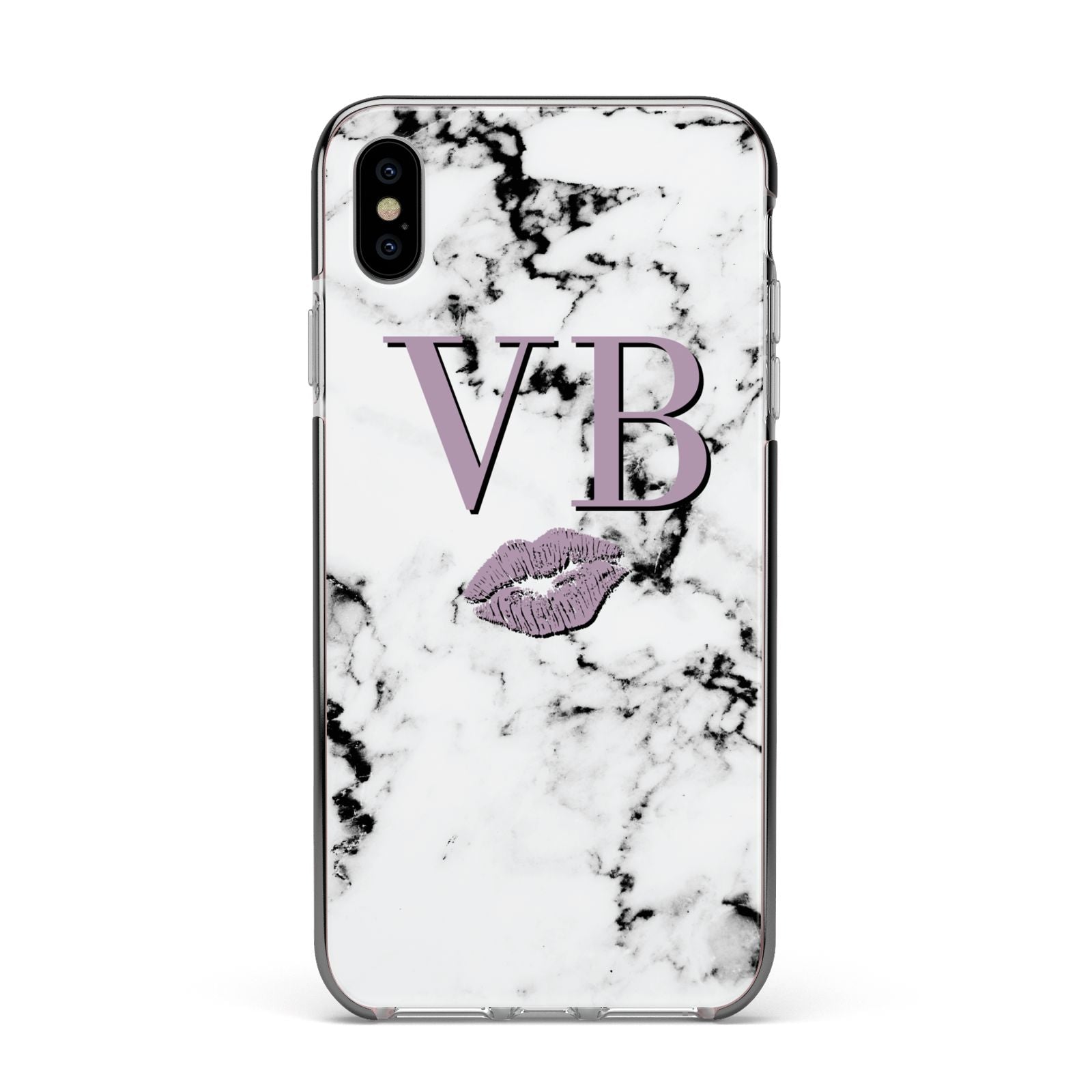 Personalised Lipstick Kiss Initials Marble Apple iPhone Xs Max Impact Case Black Edge on Silver Phone