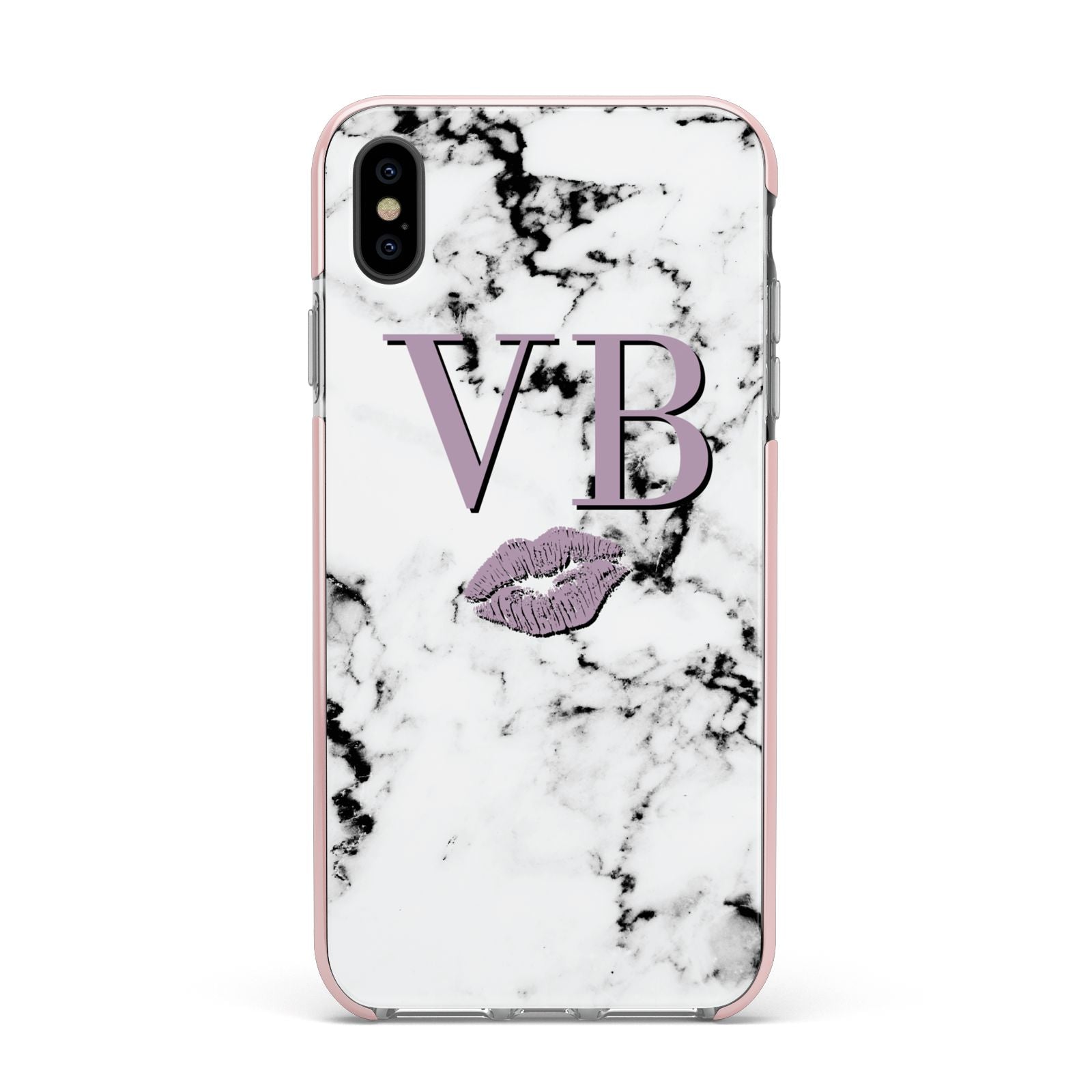 Personalised Lipstick Kiss Initials Marble Apple iPhone Xs Max Impact Case Pink Edge on Black Phone