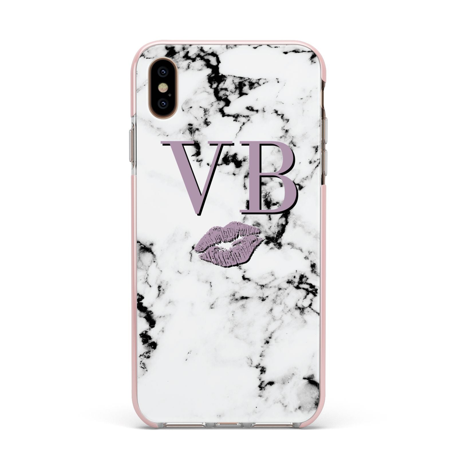 Personalised Lipstick Kiss Initials Marble Apple iPhone Xs Max Impact Case Pink Edge on Gold Phone