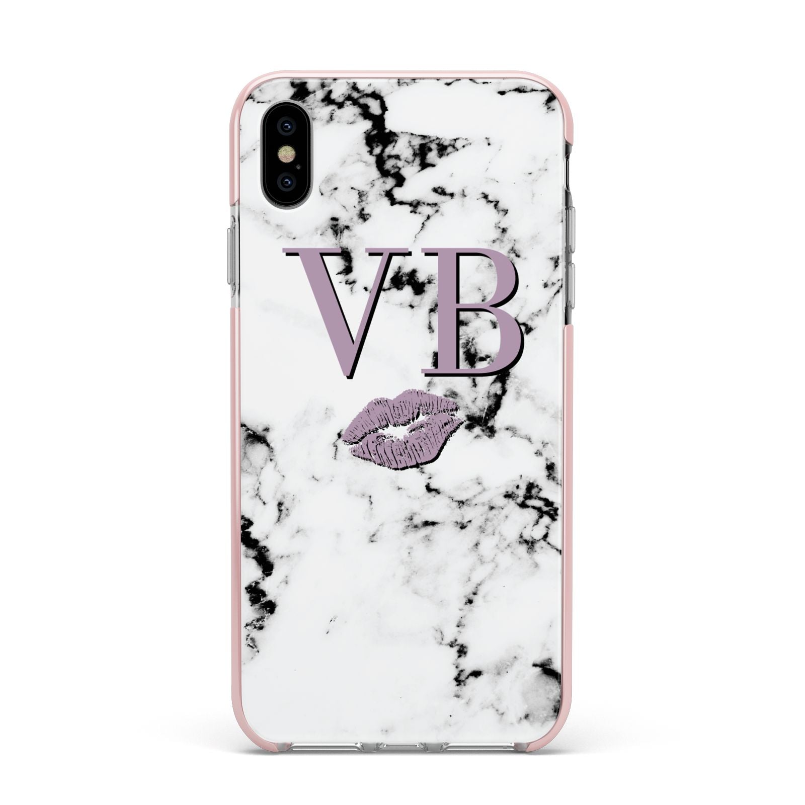 Personalised Lipstick Kiss Initials Marble Apple iPhone Xs Max Impact Case Pink Edge on Silver Phone