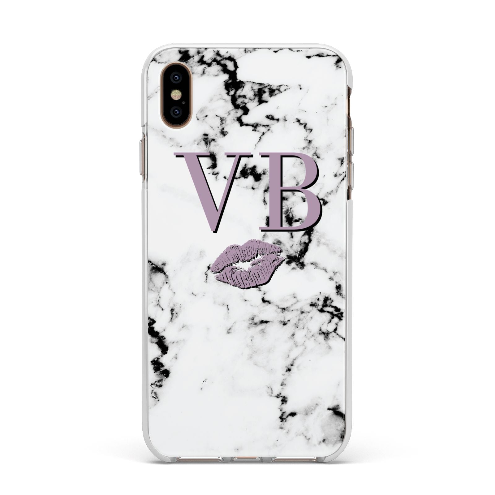 Personalised Lipstick Kiss Initials Marble Apple iPhone Xs Max Impact Case White Edge on Gold Phone