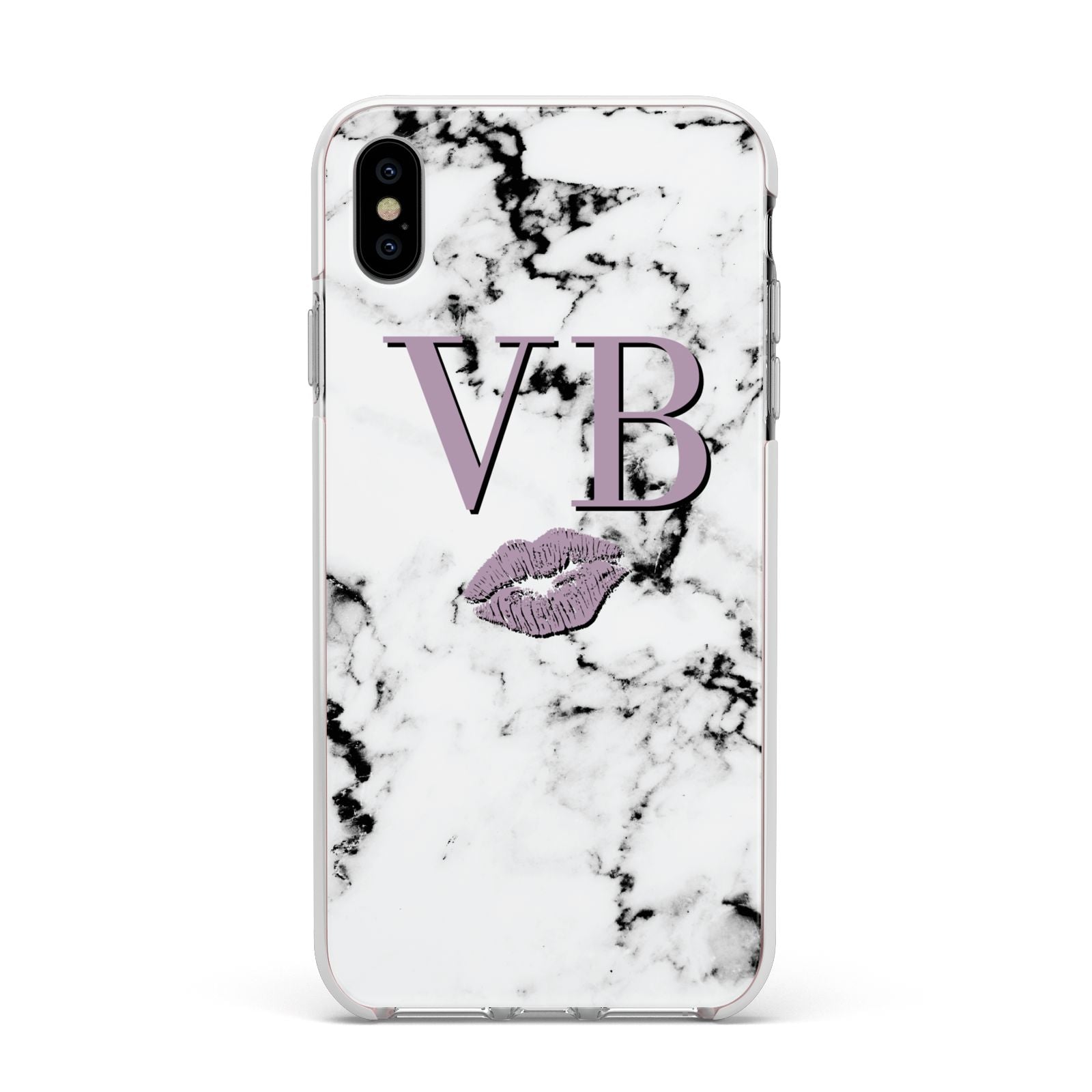 Personalised Lipstick Kiss Initials Marble Apple iPhone Xs Max Impact Case White Edge on Silver Phone