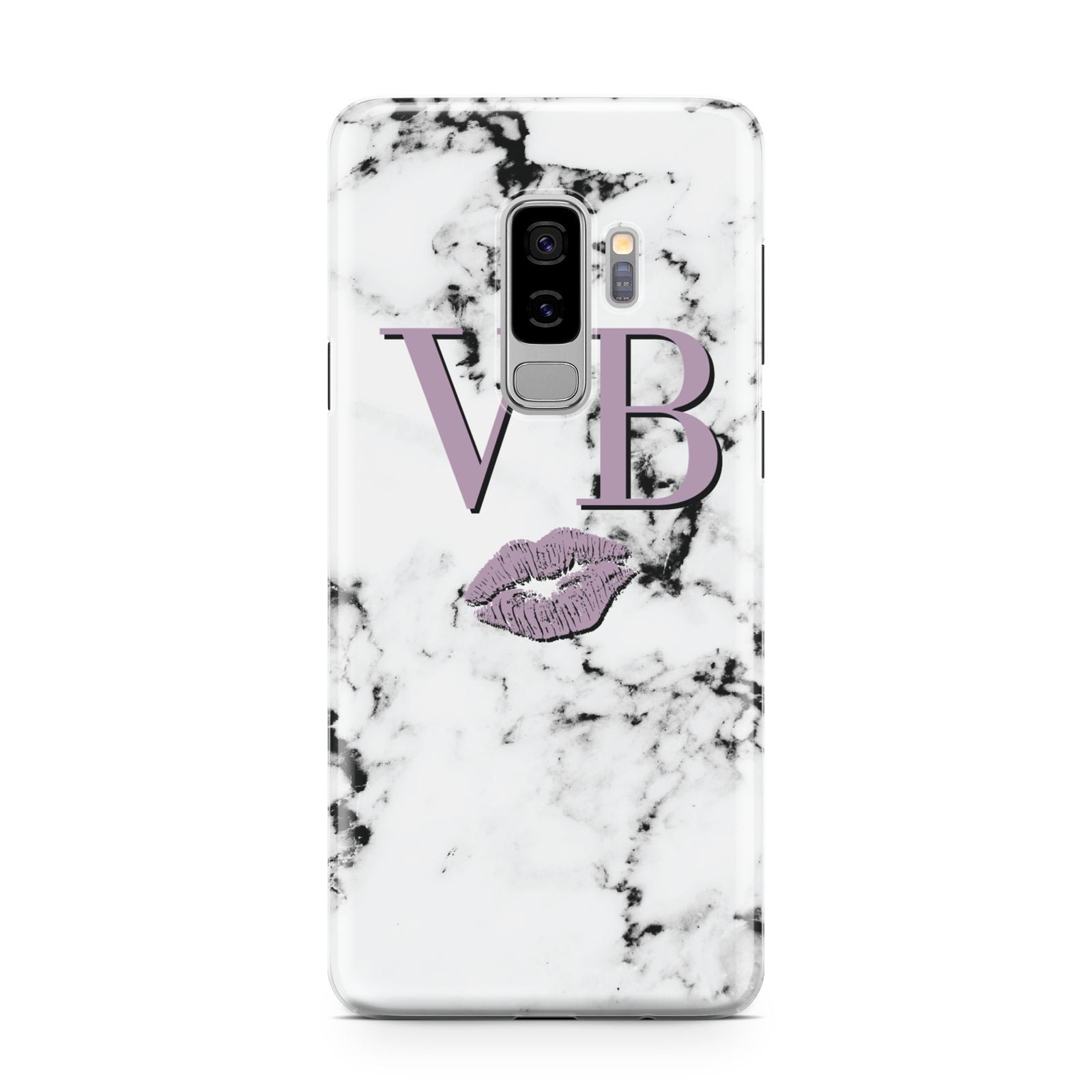 Personalised Lipstick Kiss Initials Marble Samsung Galaxy S9 Plus Case on Silver phone