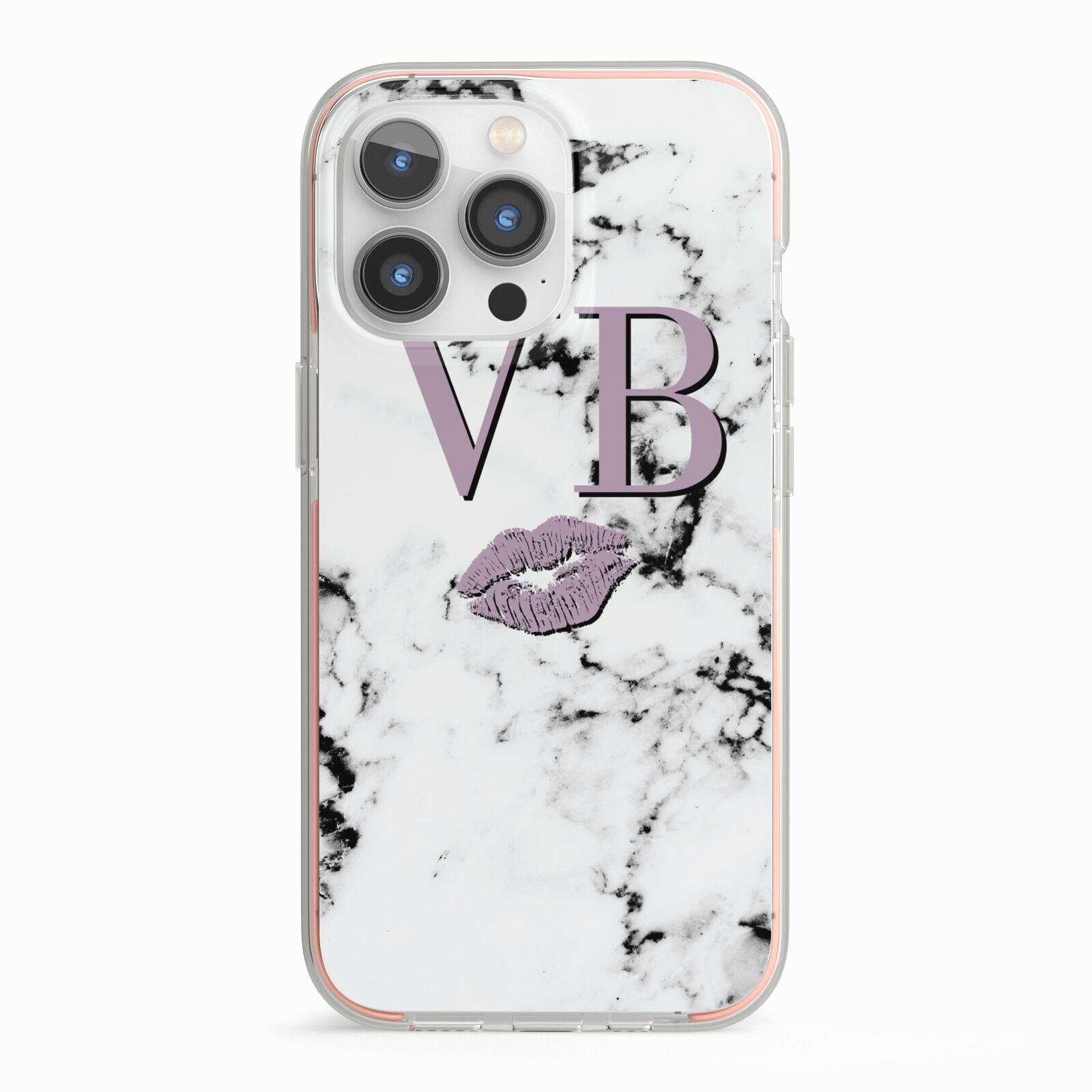 Personalised Lipstick Kiss Initials Marble iPhone 13 Pro TPU Impact Case with Pink Edges