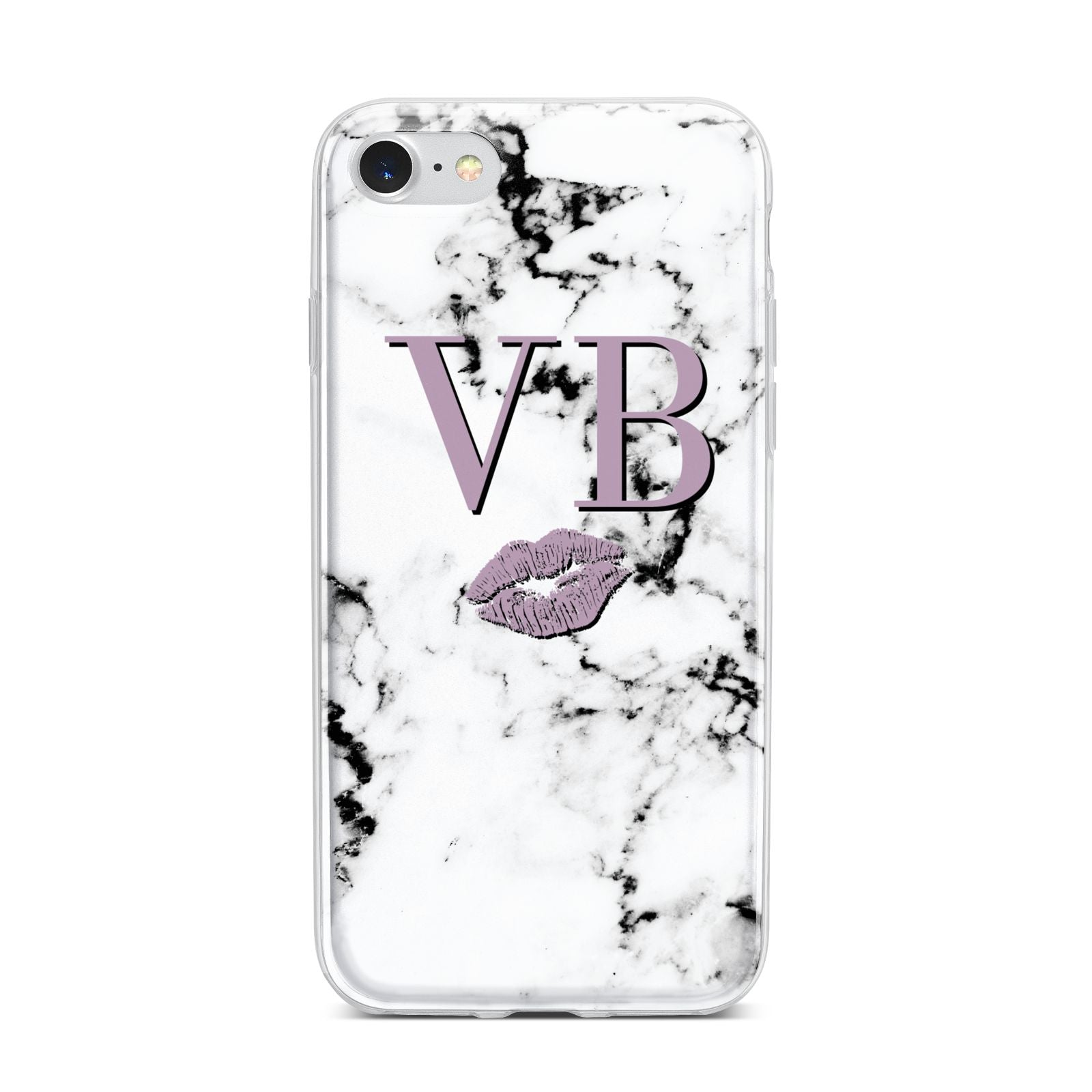 Personalised Lipstick Kiss Initials Marble iPhone 7 Bumper Case on Silver iPhone