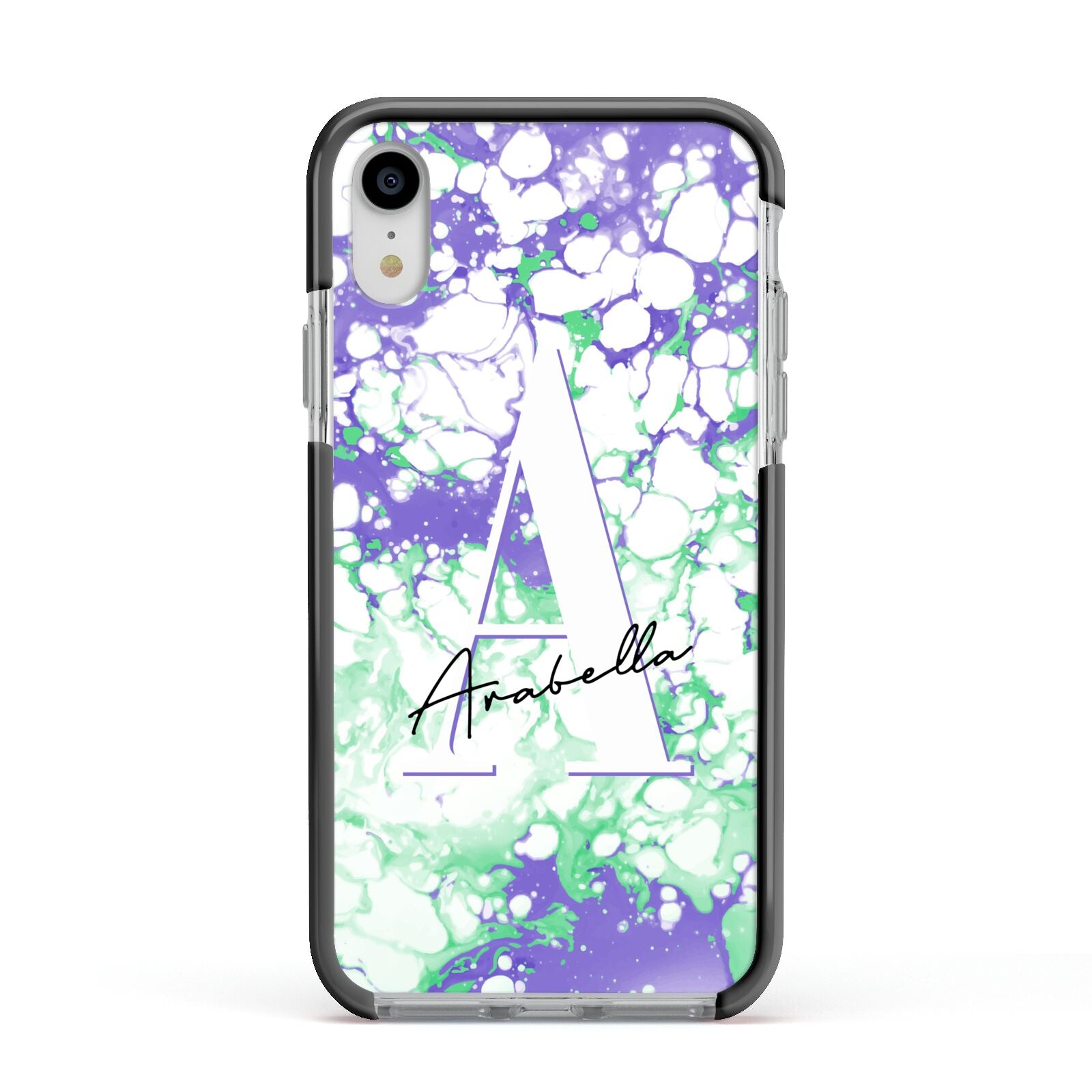 Personalised Liquid Marble Apple iPhone XR Impact Case Black Edge on Silver Phone