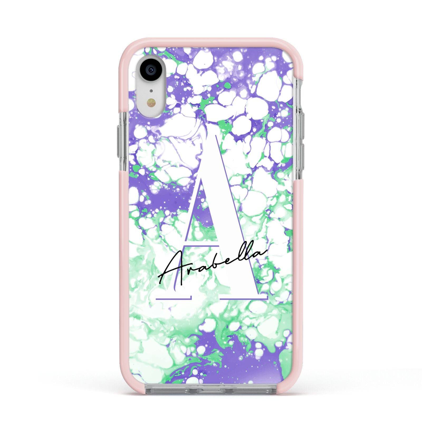 Personalised Liquid Marble Apple iPhone XR Impact Case Pink Edge on Silver Phone