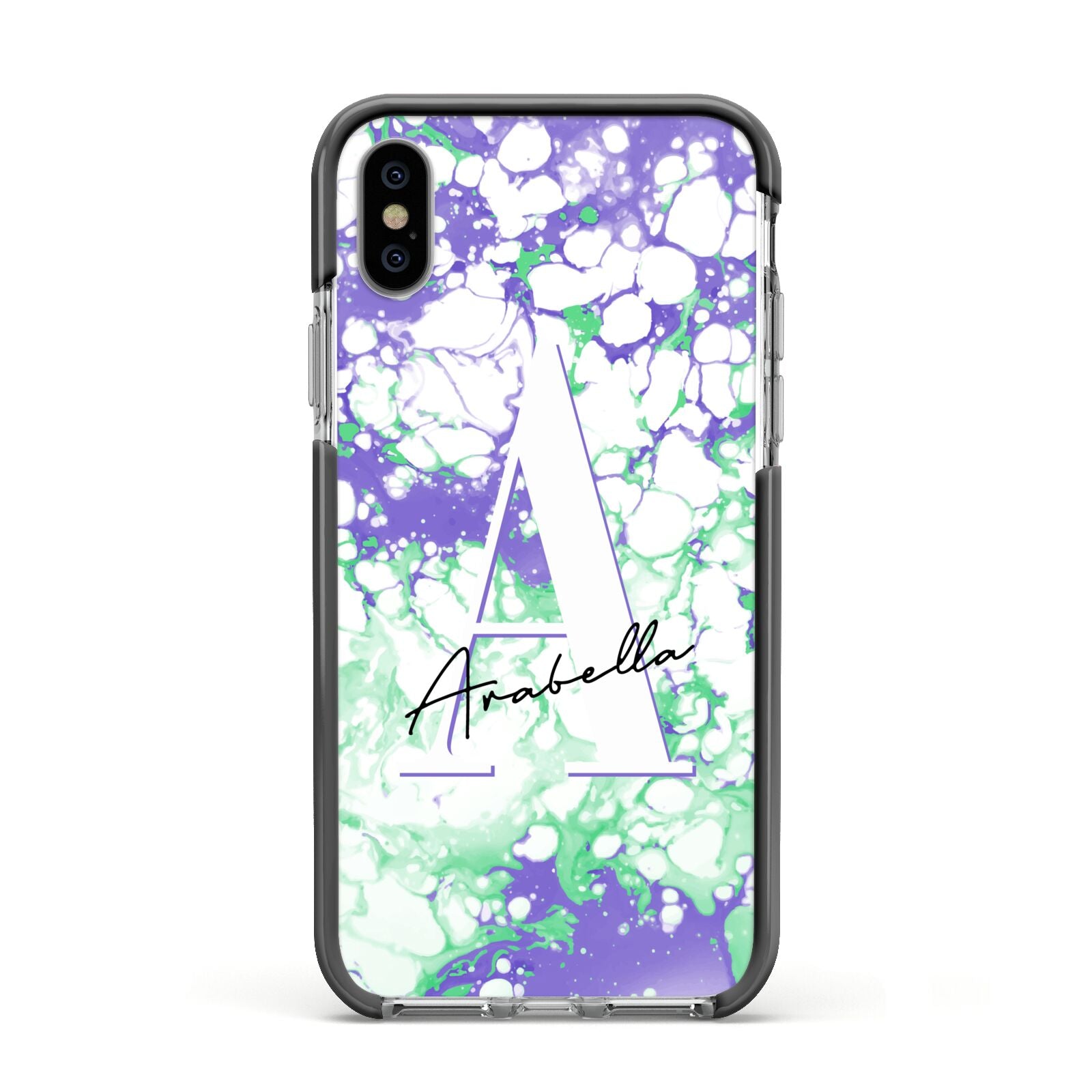 Personalised Liquid Marble Apple iPhone Xs Impact Case Black Edge on Silver Phone
