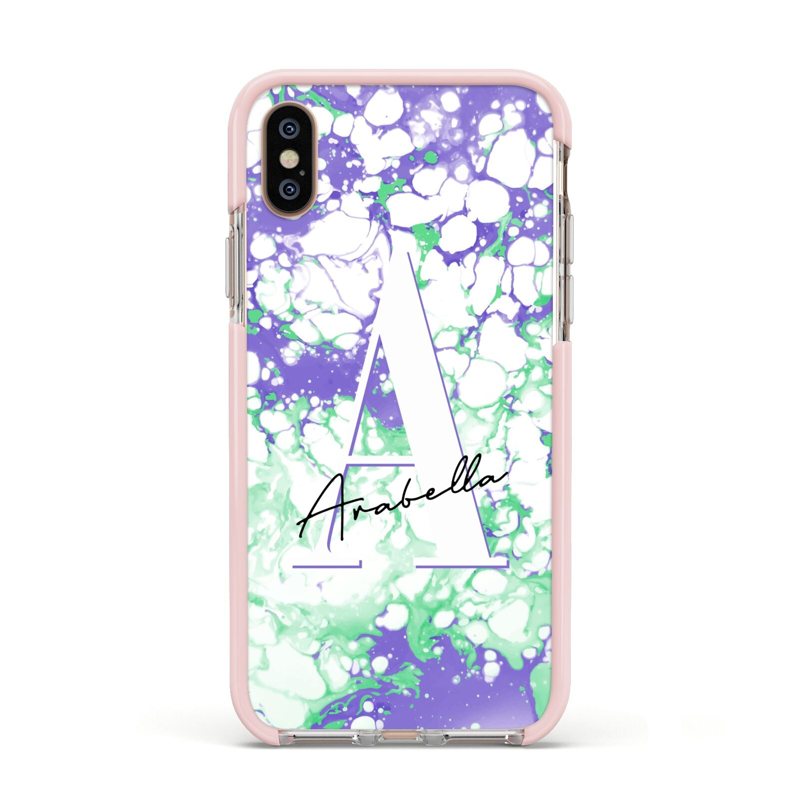 Personalised Liquid Marble Apple iPhone Xs Impact Case Pink Edge on Gold Phone
