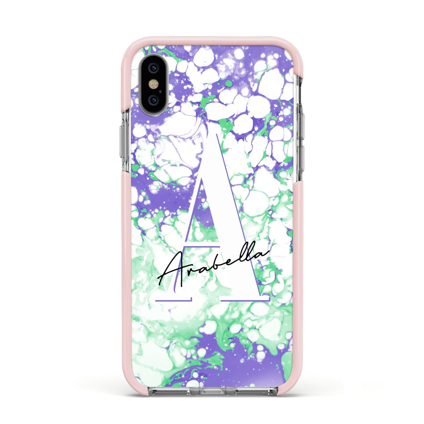 Personalised Liquid Marble Apple iPhone Xs Impact Case Pink Edge on Silver Phone