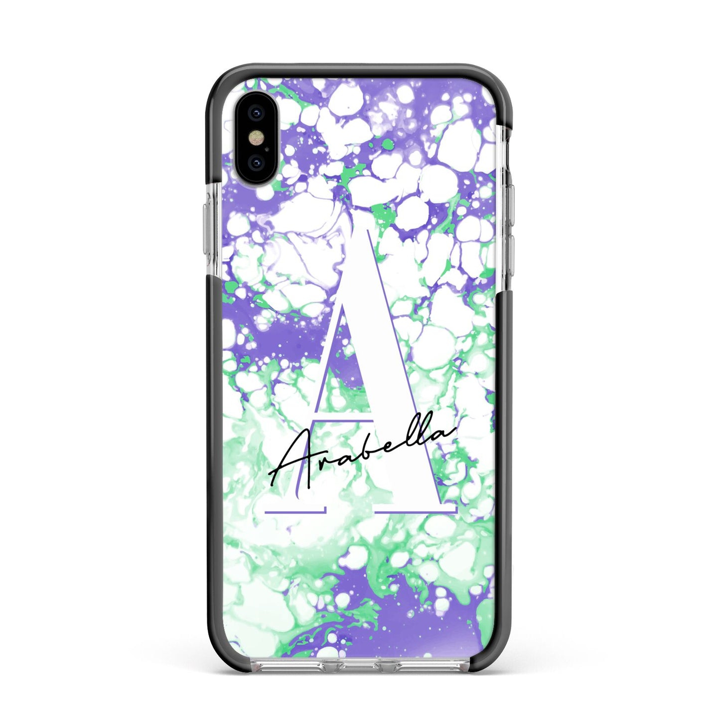 Personalised Liquid Marble Apple iPhone Xs Max Impact Case Black Edge on Silver Phone
