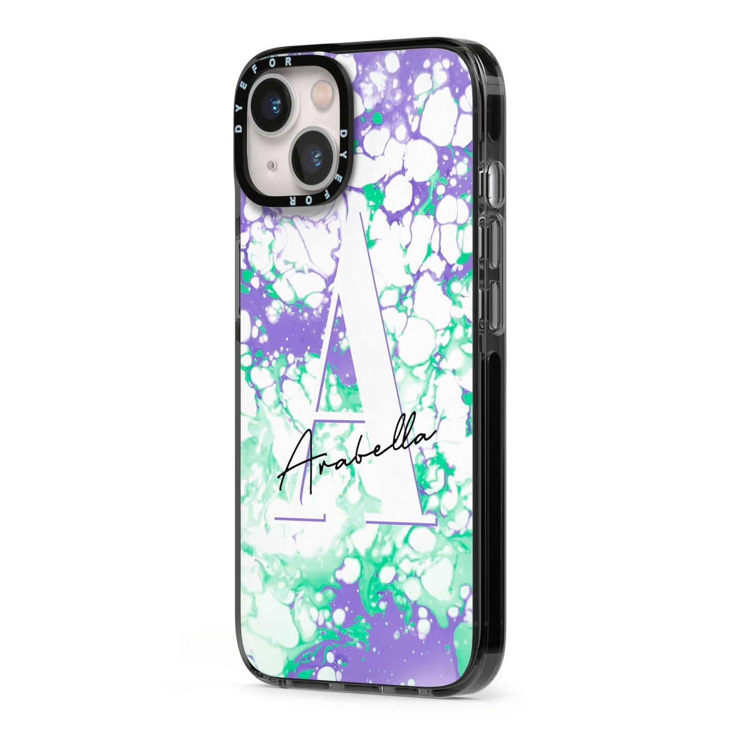 Personalised Liquid Marble iPhone 13 Black Impact Case Side Angle on Silver phone