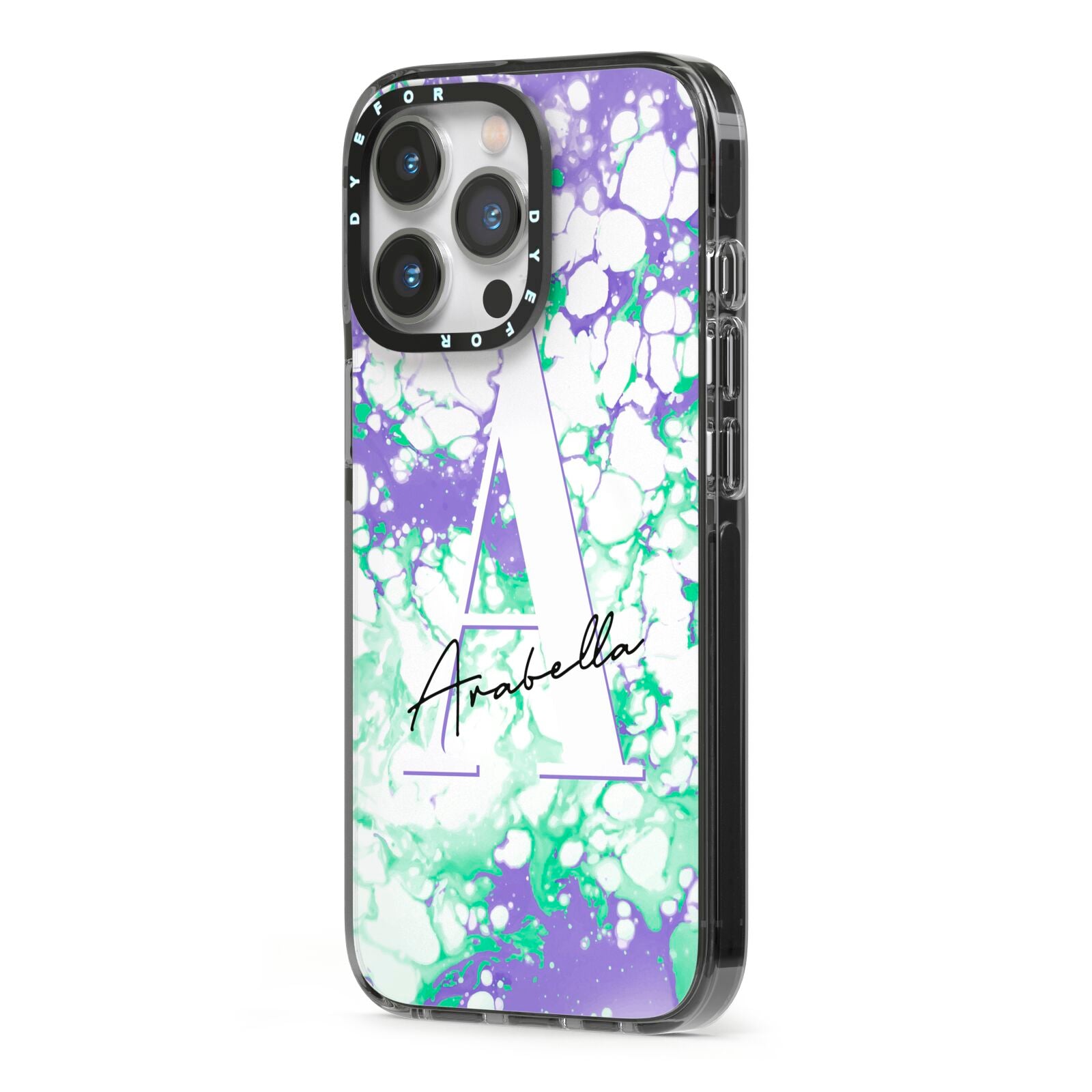 Personalised Liquid Marble iPhone 13 Pro Black Impact Case Side Angle on Silver phone