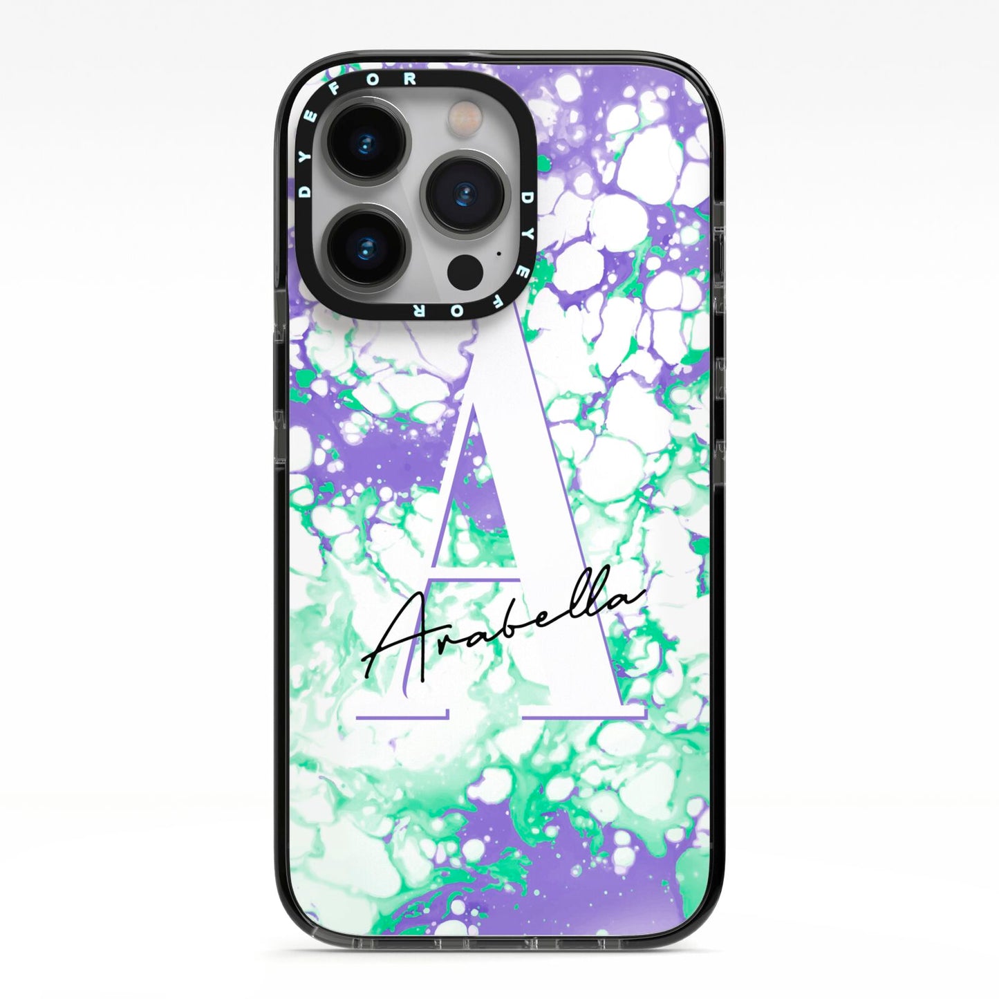 Personalised Liquid Marble iPhone 13 Pro Black Impact Case on Silver phone