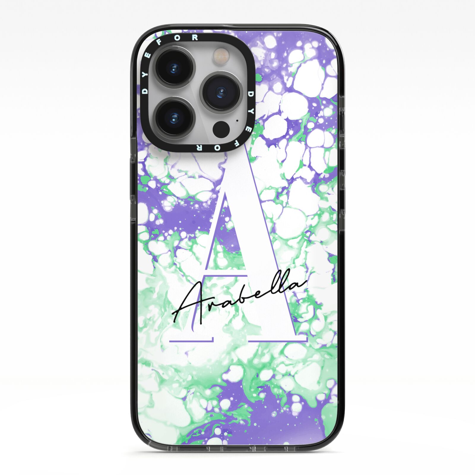 Personalised Liquid Marble iPhone 13 Pro Black Impact Case on Silver phone