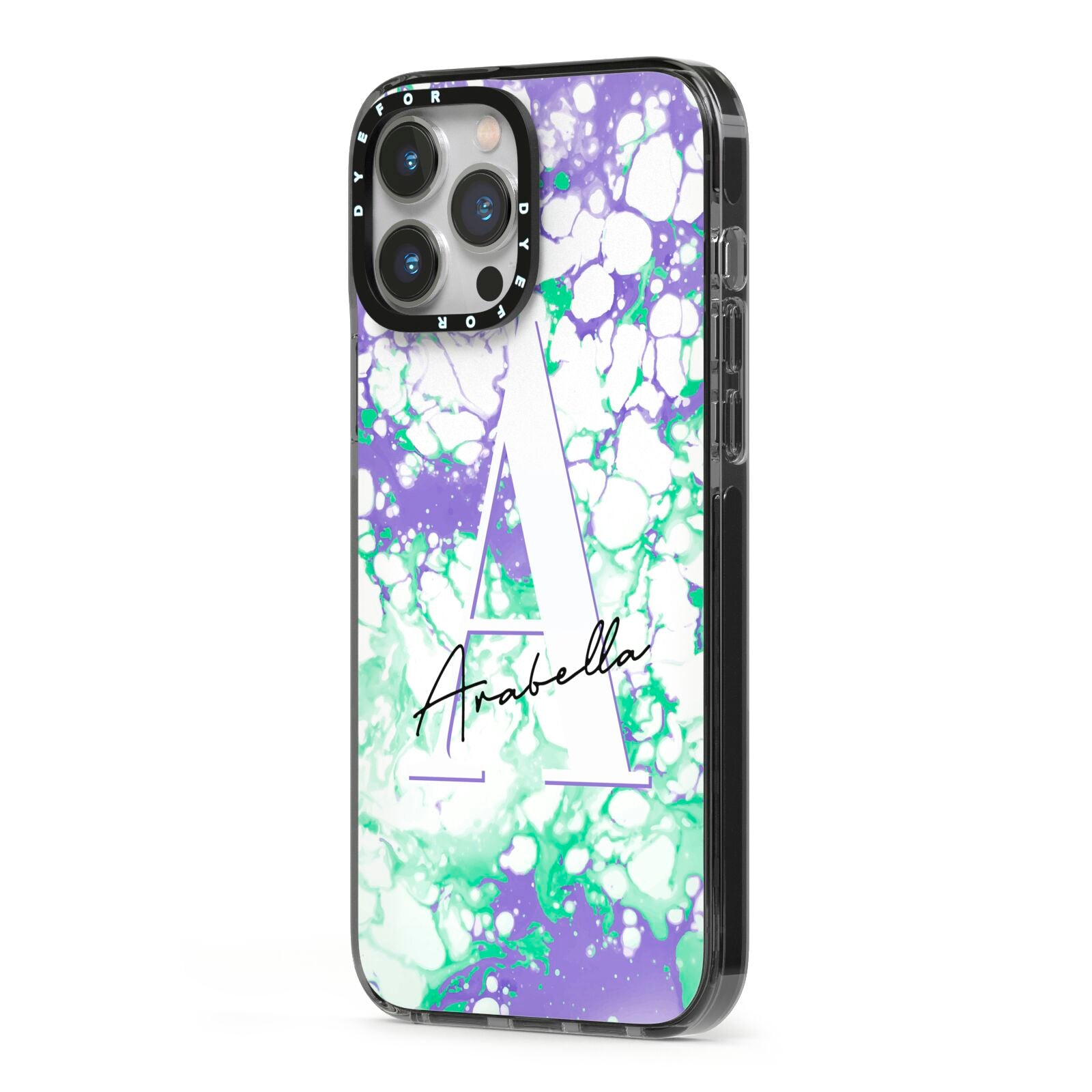 Personalised Liquid Marble iPhone 13 Pro Max Black Impact Case Side Angle on Silver phone