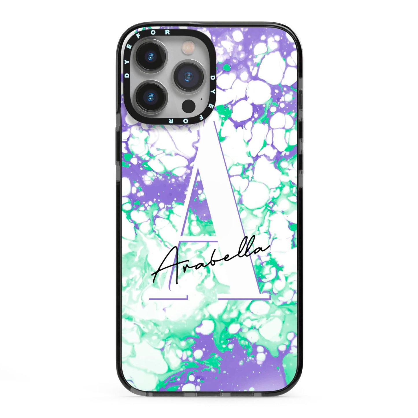 Personalised Liquid Marble iPhone 13 Pro Max Black Impact Case on Silver phone