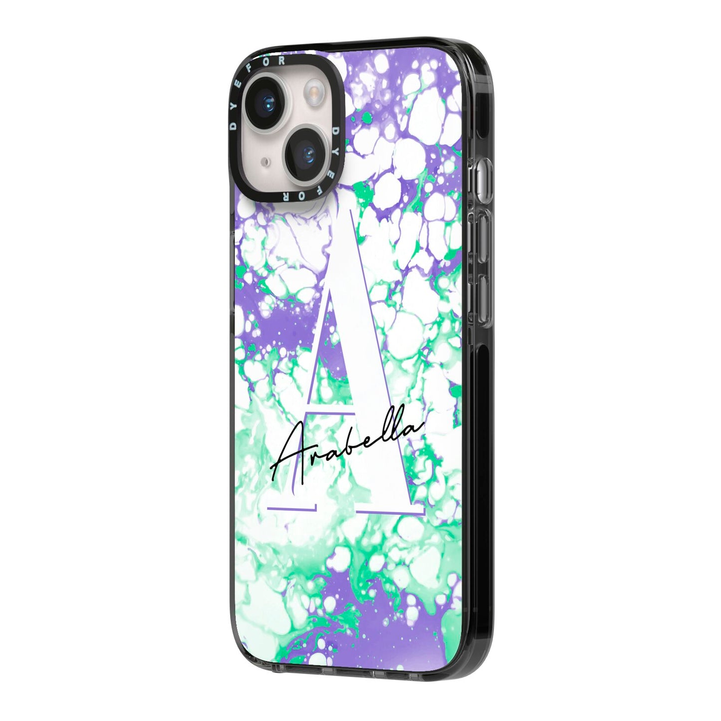 Personalised Liquid Marble iPhone 14 Black Impact Case Side Angle on Silver phone