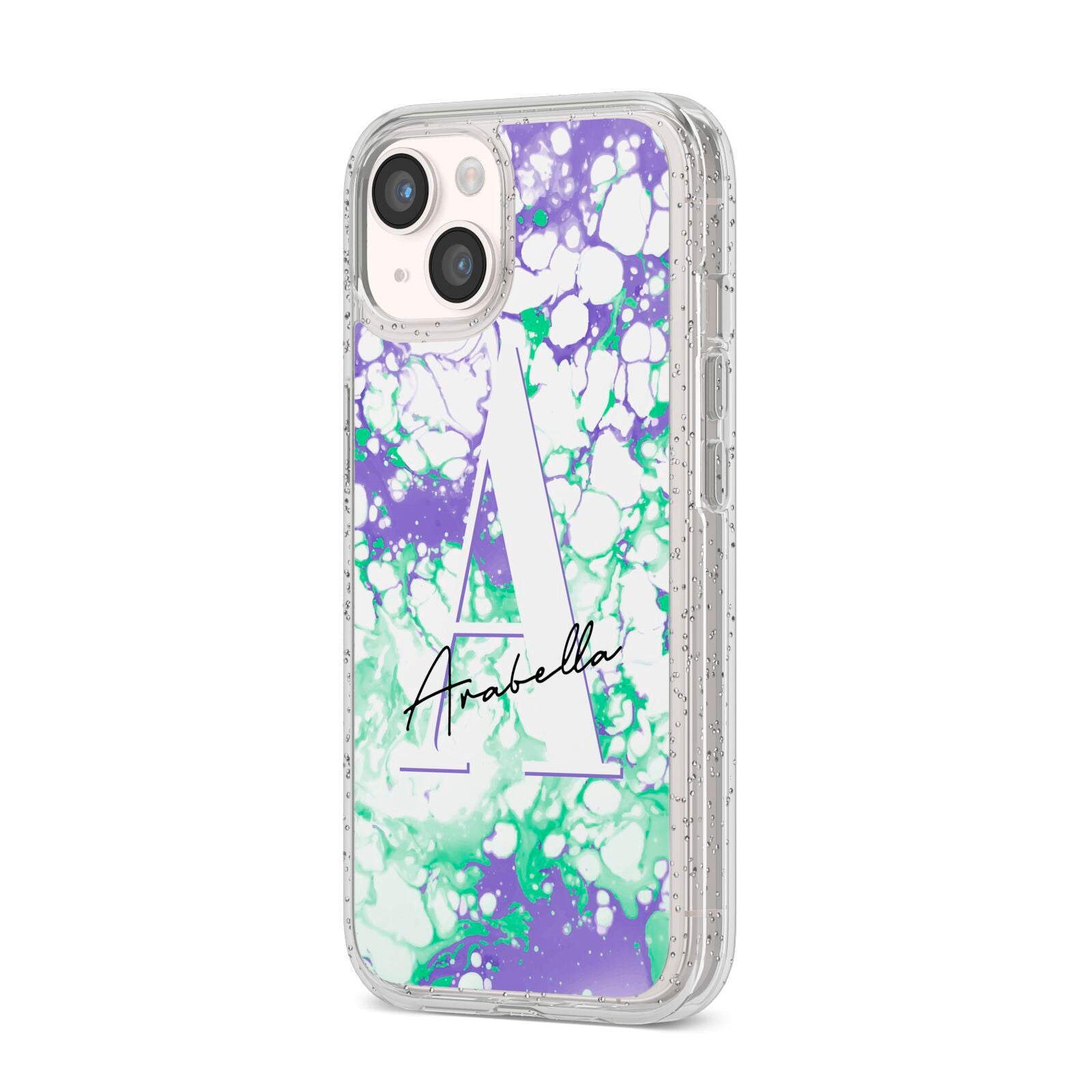 Personalised Liquid Marble iPhone 14 Glitter Tough Case Starlight Angled Image