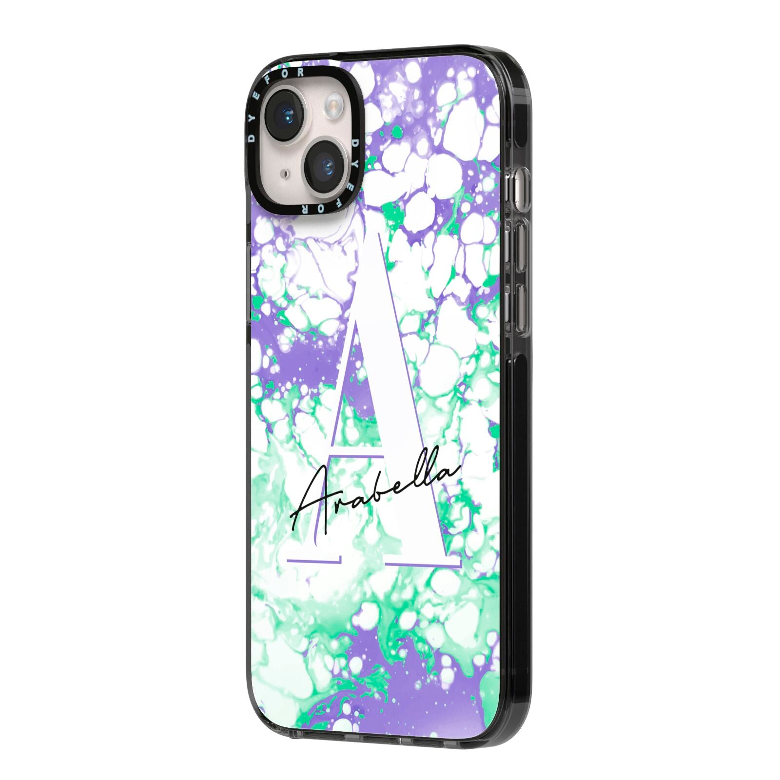 Personalised Liquid Marble iPhone 14 Plus Black Impact Case Side Angle on Silver phone