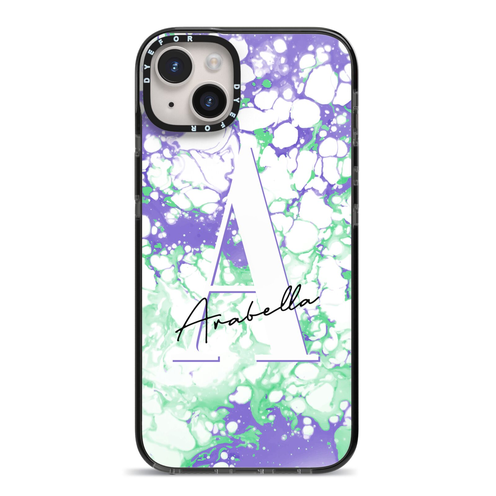 Personalised Liquid Marble iPhone 14 Plus Black Impact Case on Silver phone