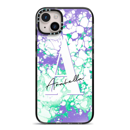 Personalised Liquid Marble iPhone 14 Plus Black Impact Case on Silver phone