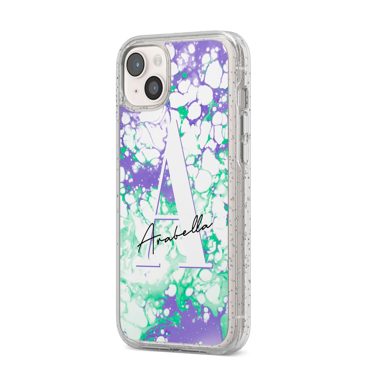 Personalised Liquid Marble iPhone 14 Plus Glitter Tough Case Starlight Angled Image