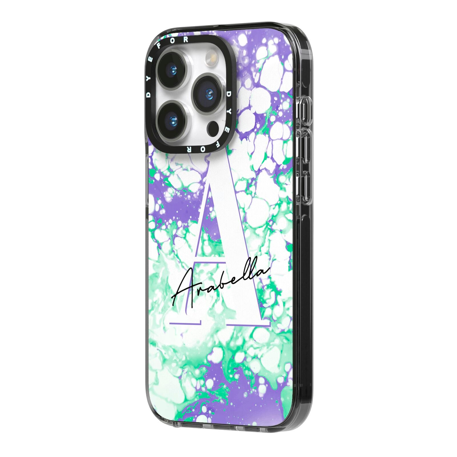 Personalised Liquid Marble iPhone 14 Pro Black Impact Case Side Angle on Silver phone