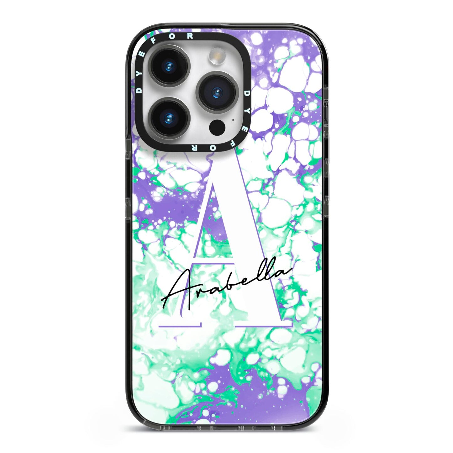 Personalised Liquid Marble iPhone 14 Pro Black Impact Case on Silver phone
