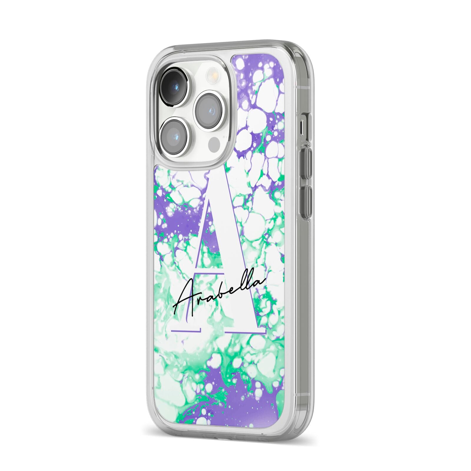 Personalised Liquid Marble iPhone 14 Pro Clear Tough Case Silver Angled Image