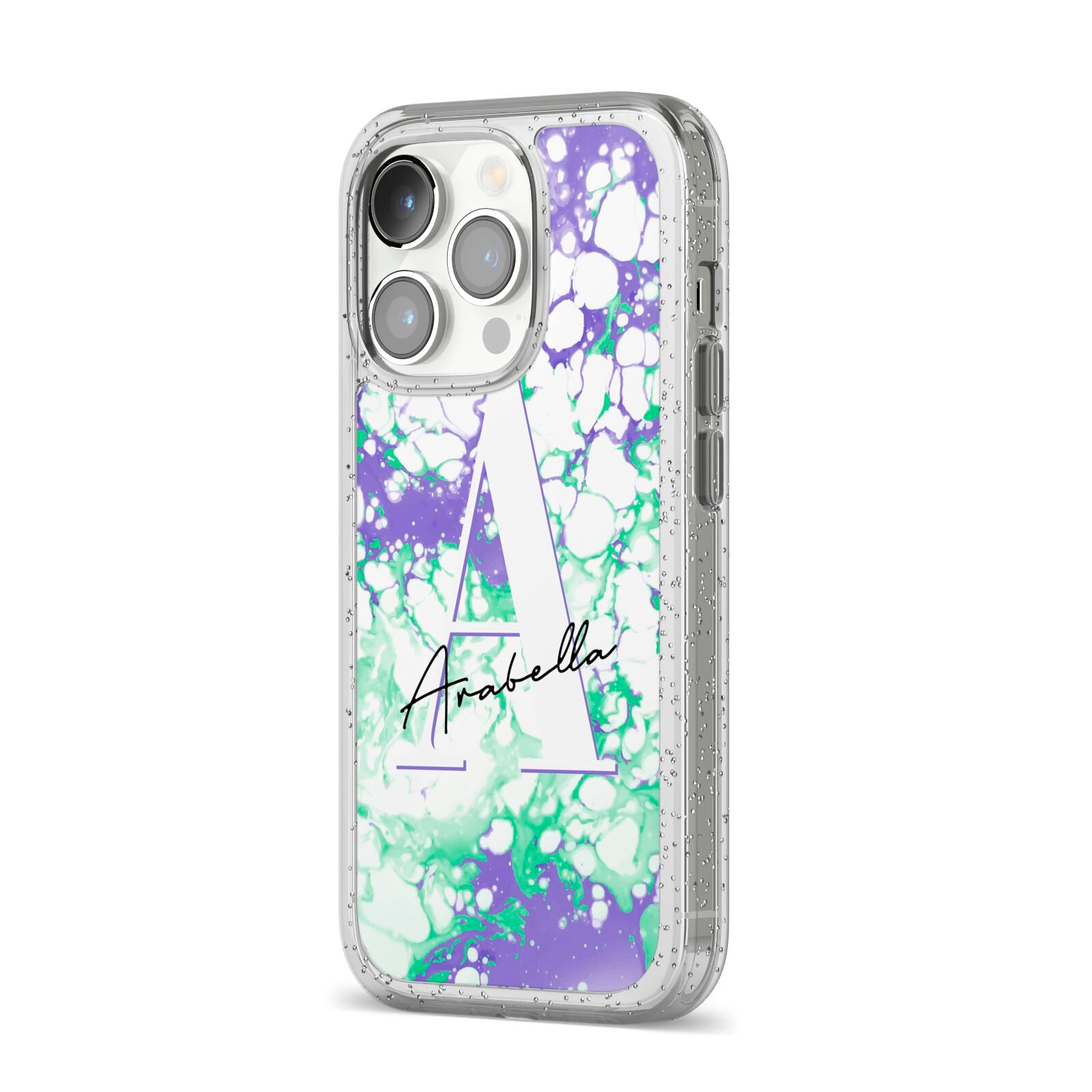 Personalised Liquid Marble iPhone 14 Pro Glitter Tough Case Silver Angled Image