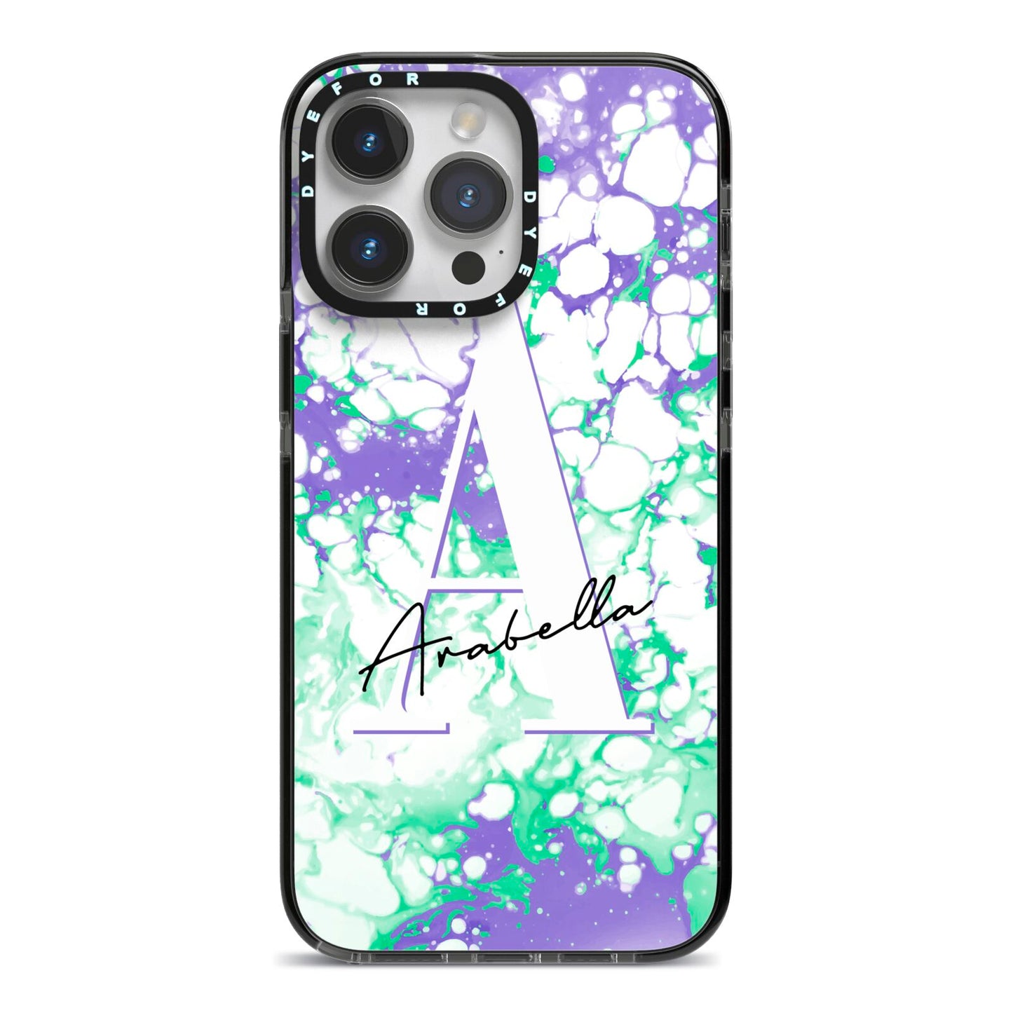 Personalised Liquid Marble iPhone 14 Pro Max Black Impact Case on Silver phone