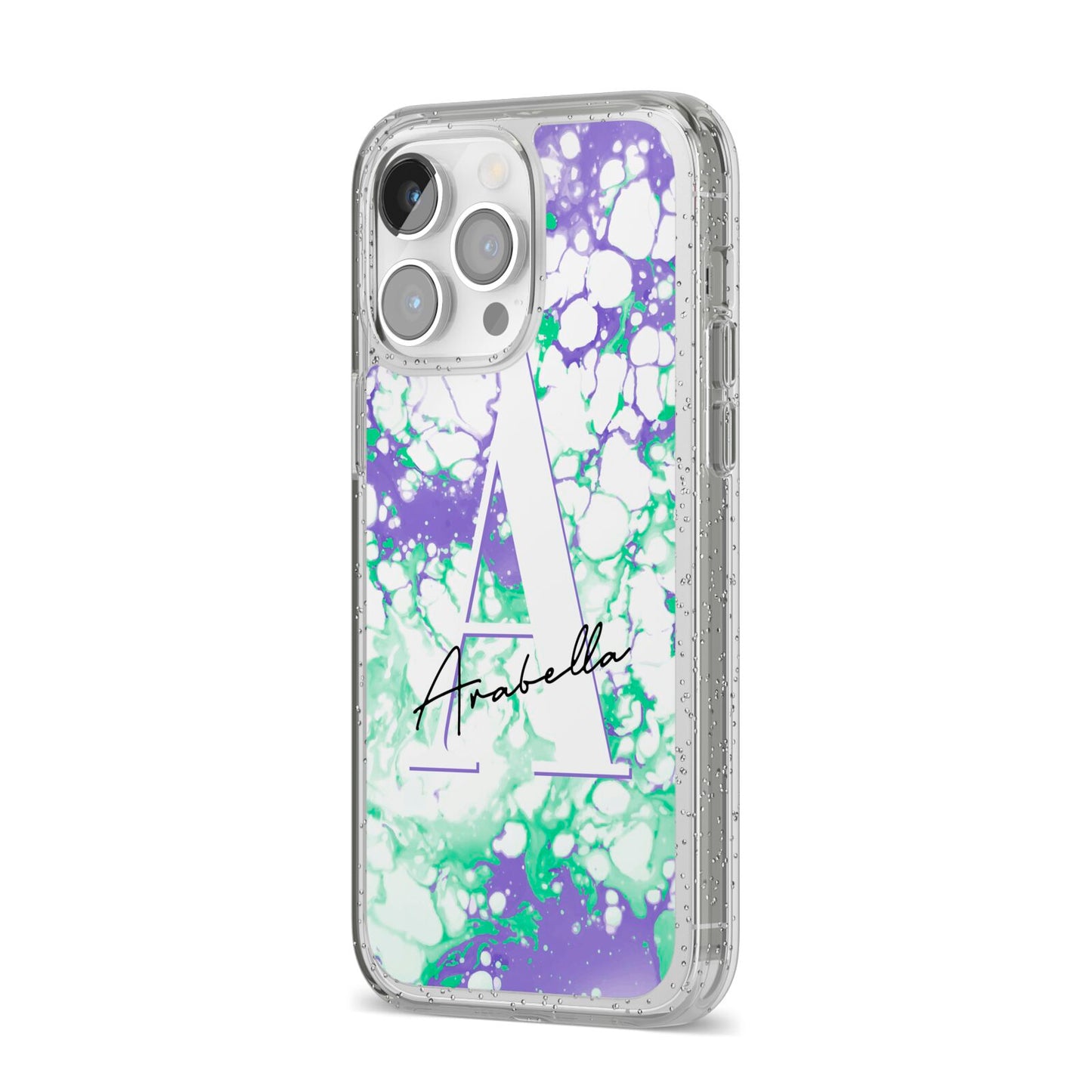 Personalised Liquid Marble iPhone 14 Pro Max Glitter Tough Case Silver Angled Image