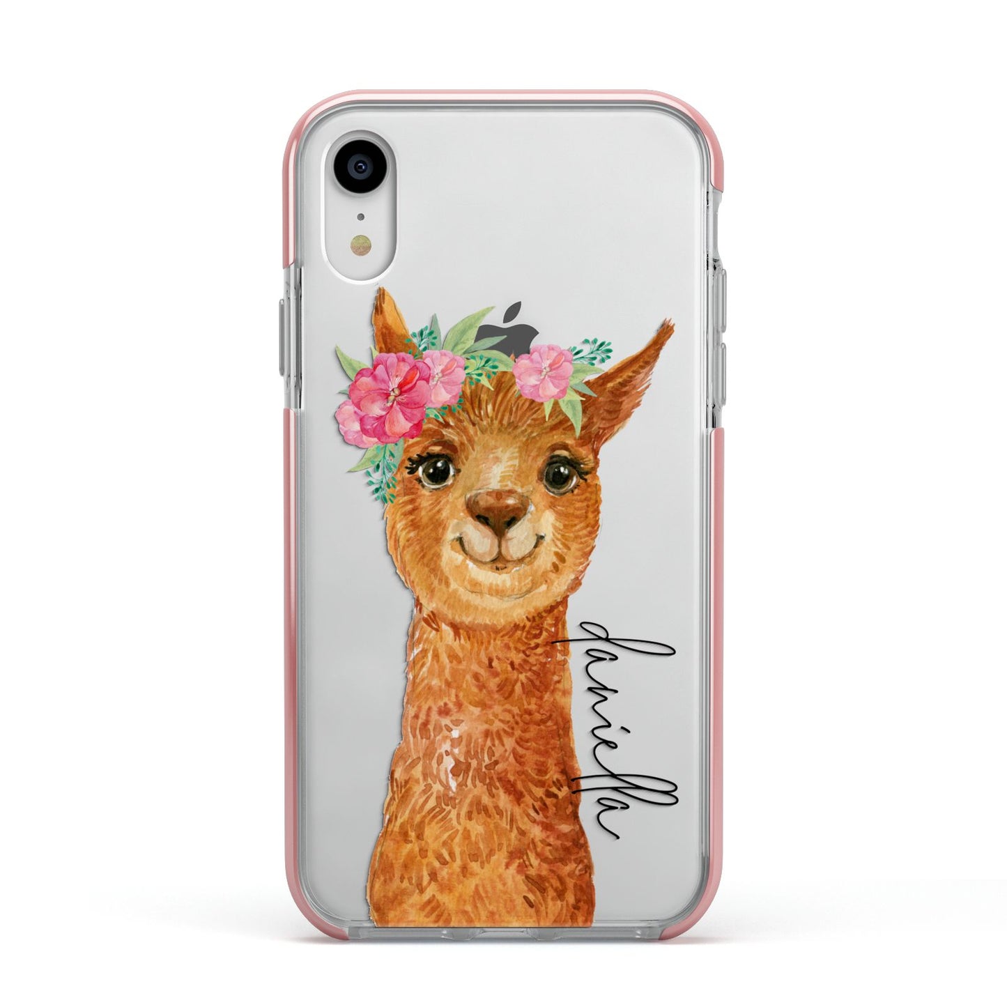 Personalised Llama Apple iPhone XR Impact Case Pink Edge on Silver Phone