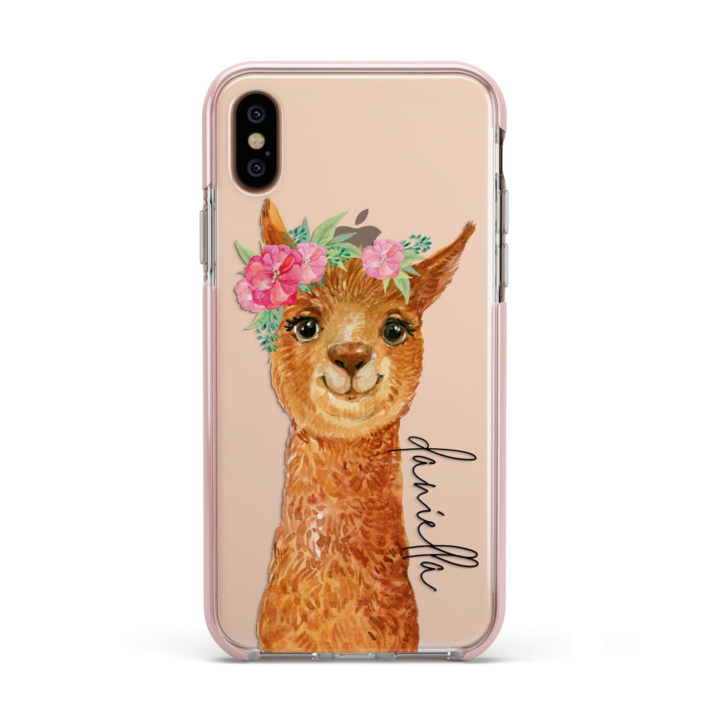 Personalised Llama Apple iPhone Xs Impact Case Pink Edge on Gold Phone