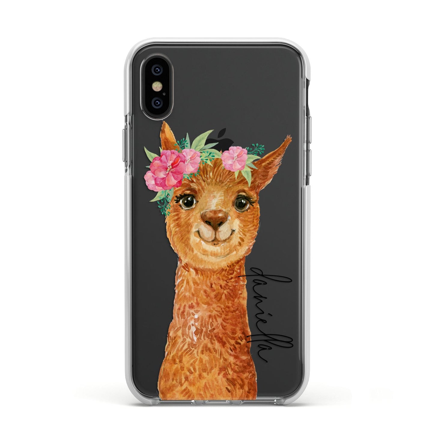 Personalised Llama Apple iPhone Xs Impact Case White Edge on Black Phone