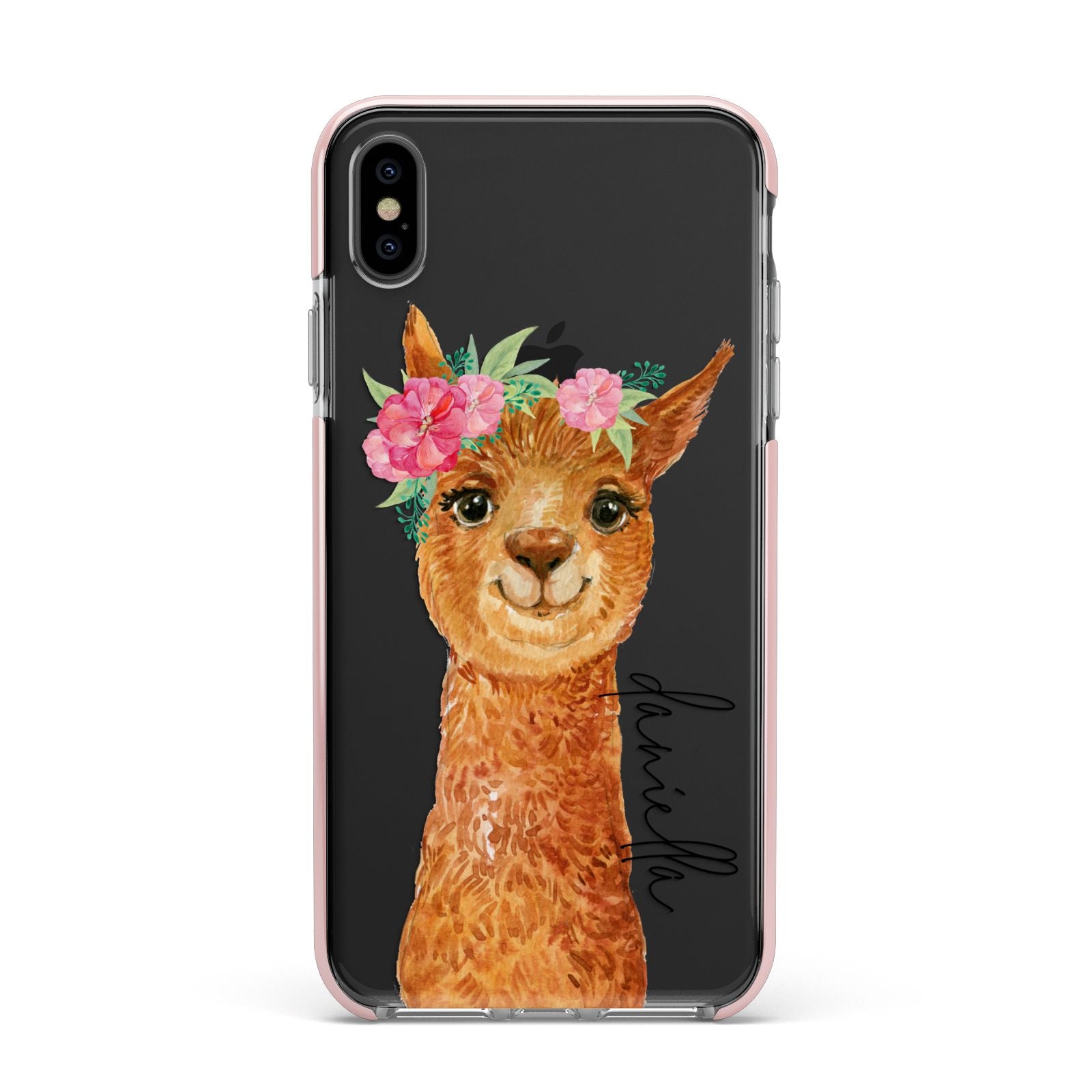 Personalised Llama Apple iPhone Xs Max Impact Case Pink Edge on Black Phone
