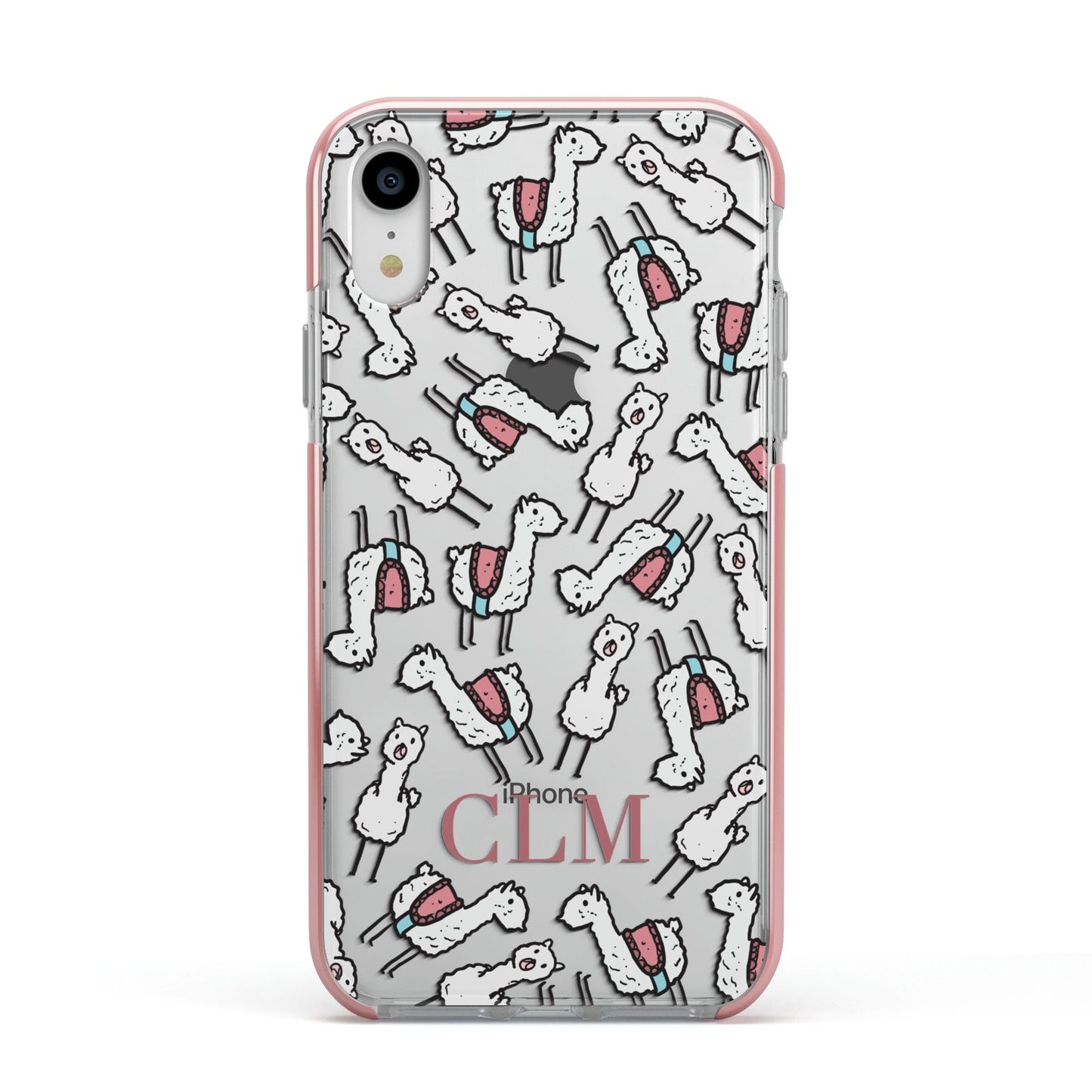 Personalised Llama Initials Monogram Apple iPhone XR Impact Case Pink Edge on Silver Phone