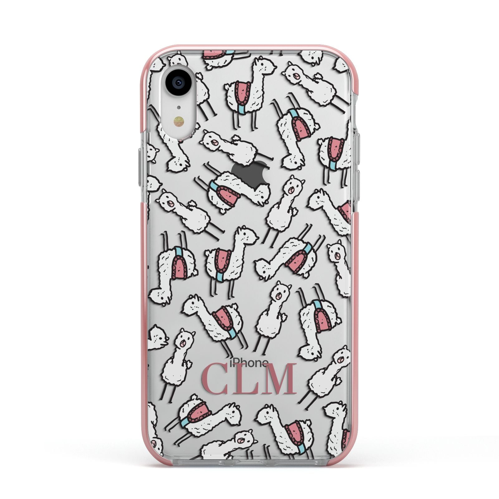 Personalised Llama Initials Monogram Apple iPhone XR Impact Case Pink Edge on Silver Phone