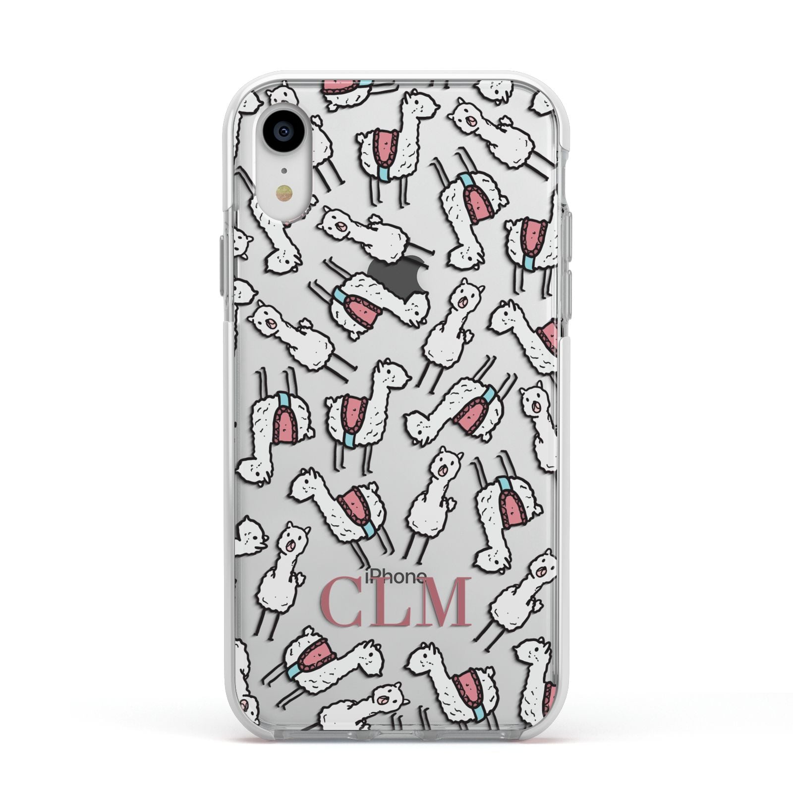Personalised Llama Initials Monogram Apple iPhone XR Impact Case White Edge on Silver Phone