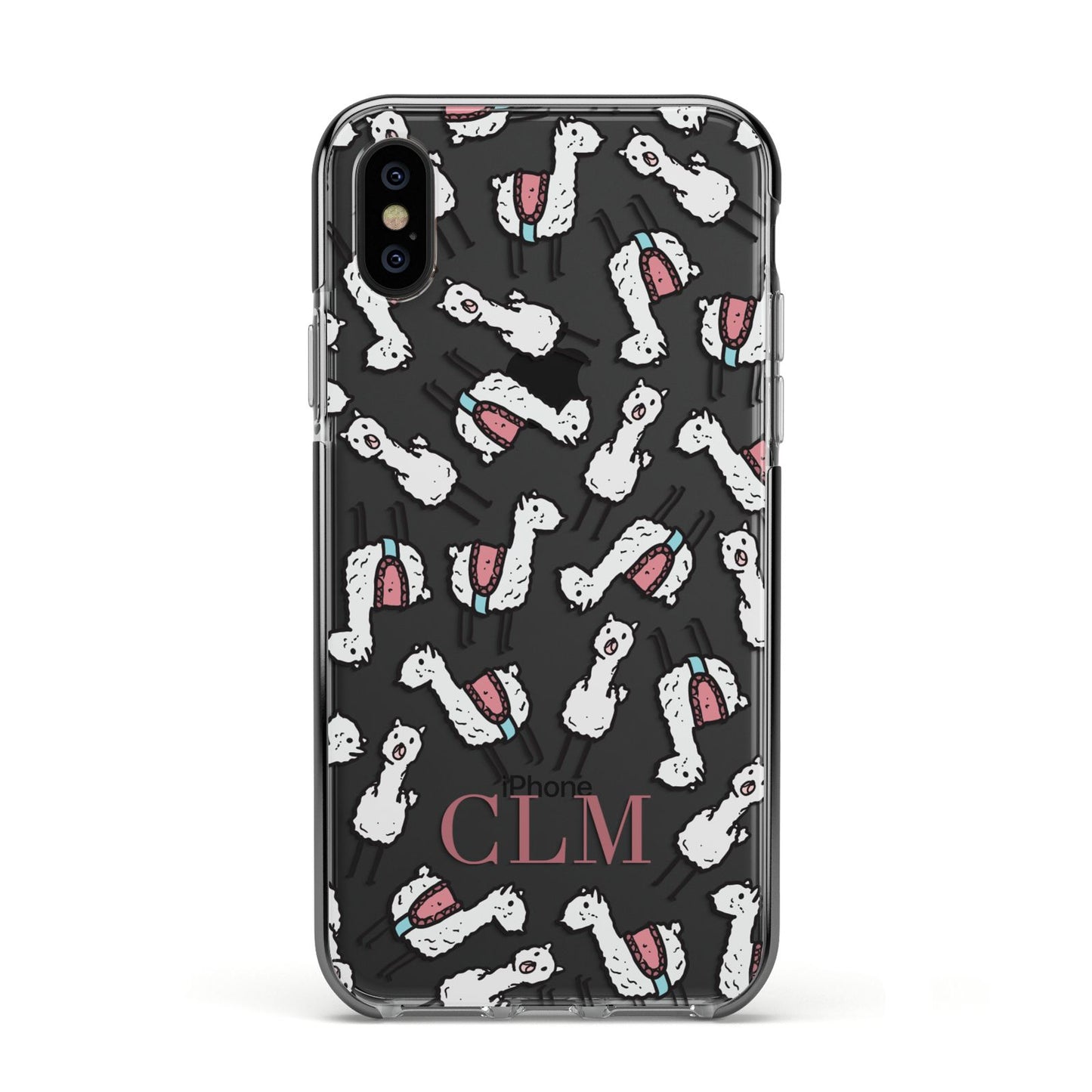 Personalised Llama Initials Monogram Apple iPhone Xs Impact Case Black Edge on Black Phone